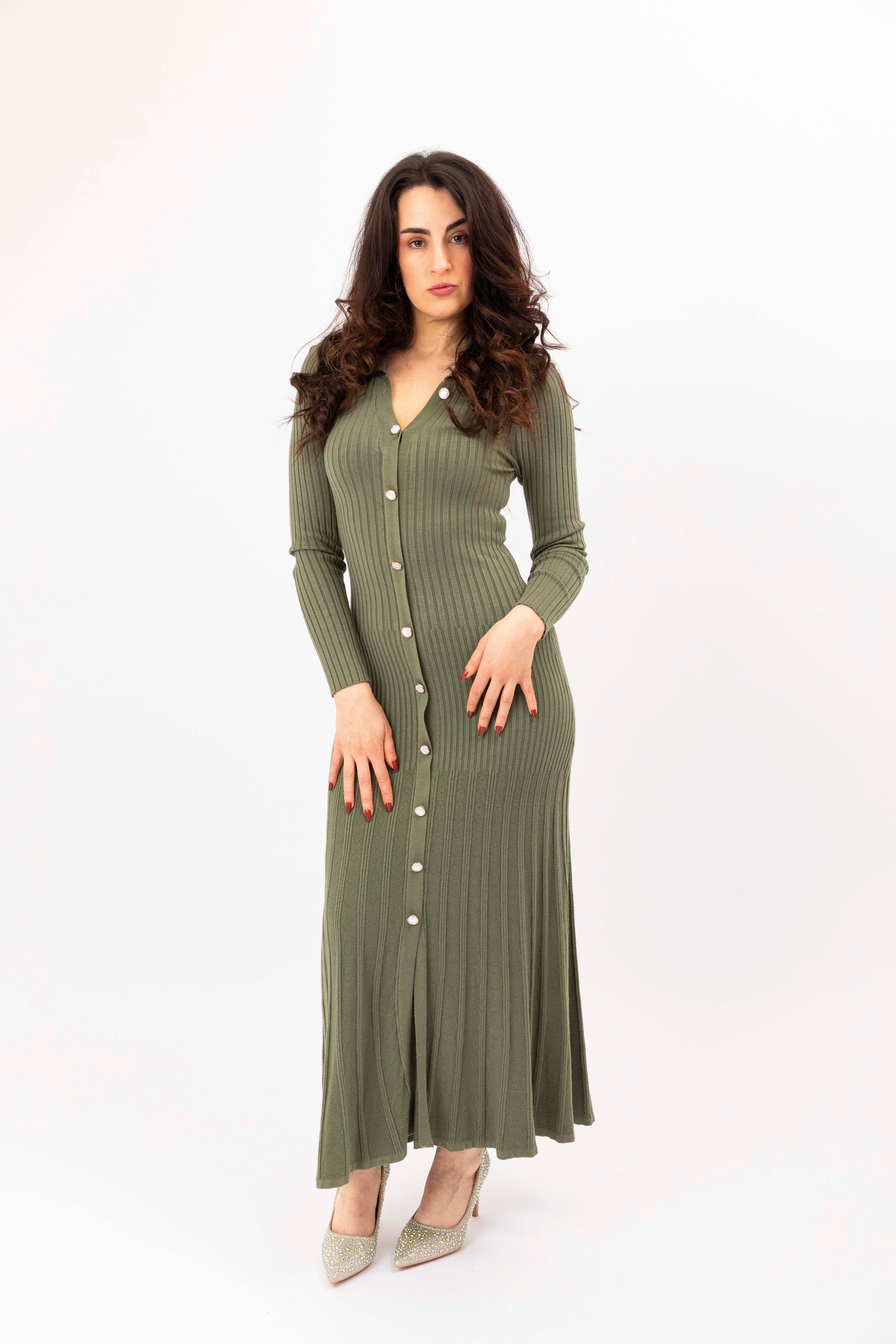 Ribbed Viscose Blend Button Detail Extra Long A-Line Knitted Dress