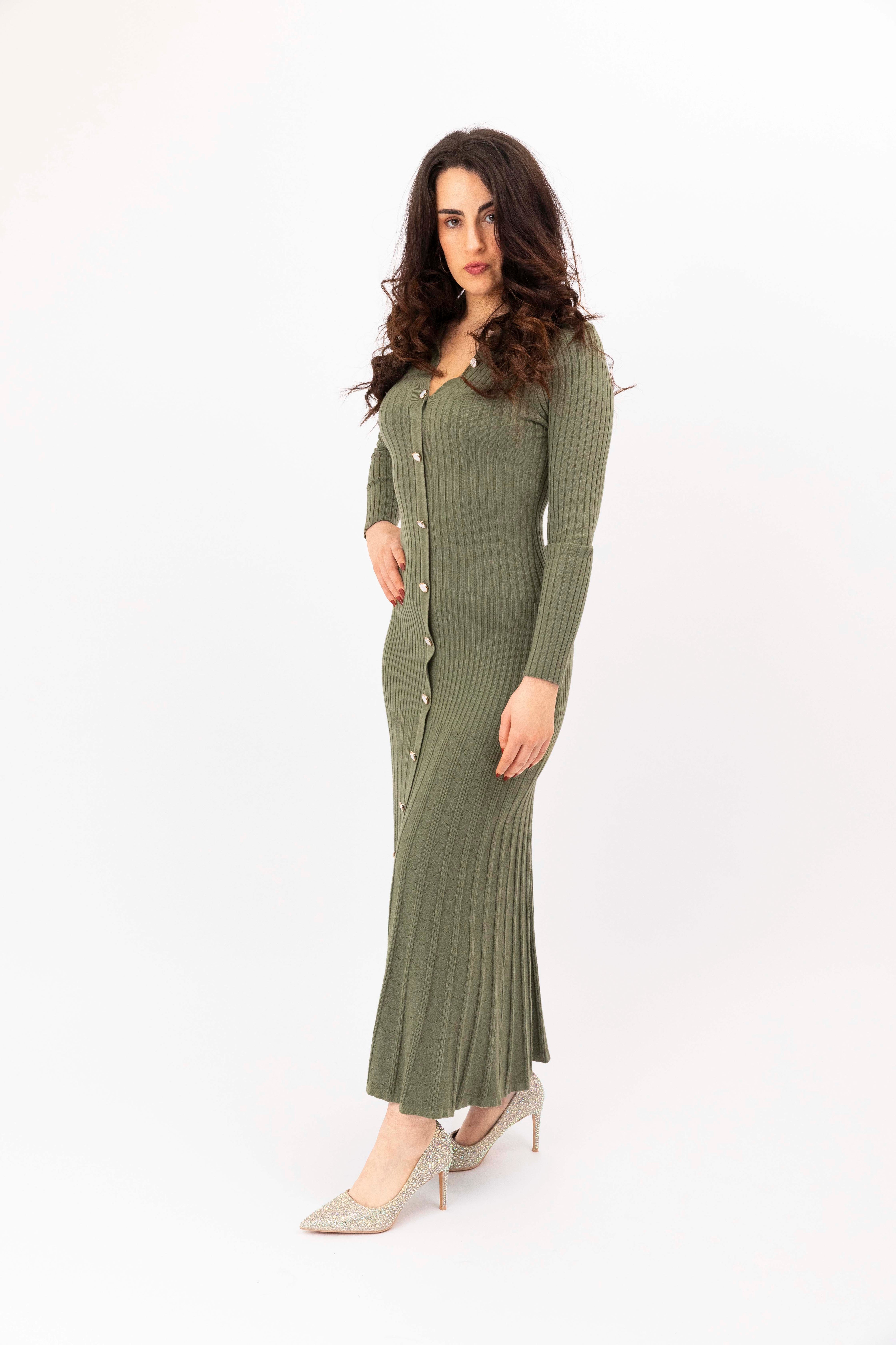 Ribbed Viscose Blend Button Detail Extra Long A-Line Knitted Dress