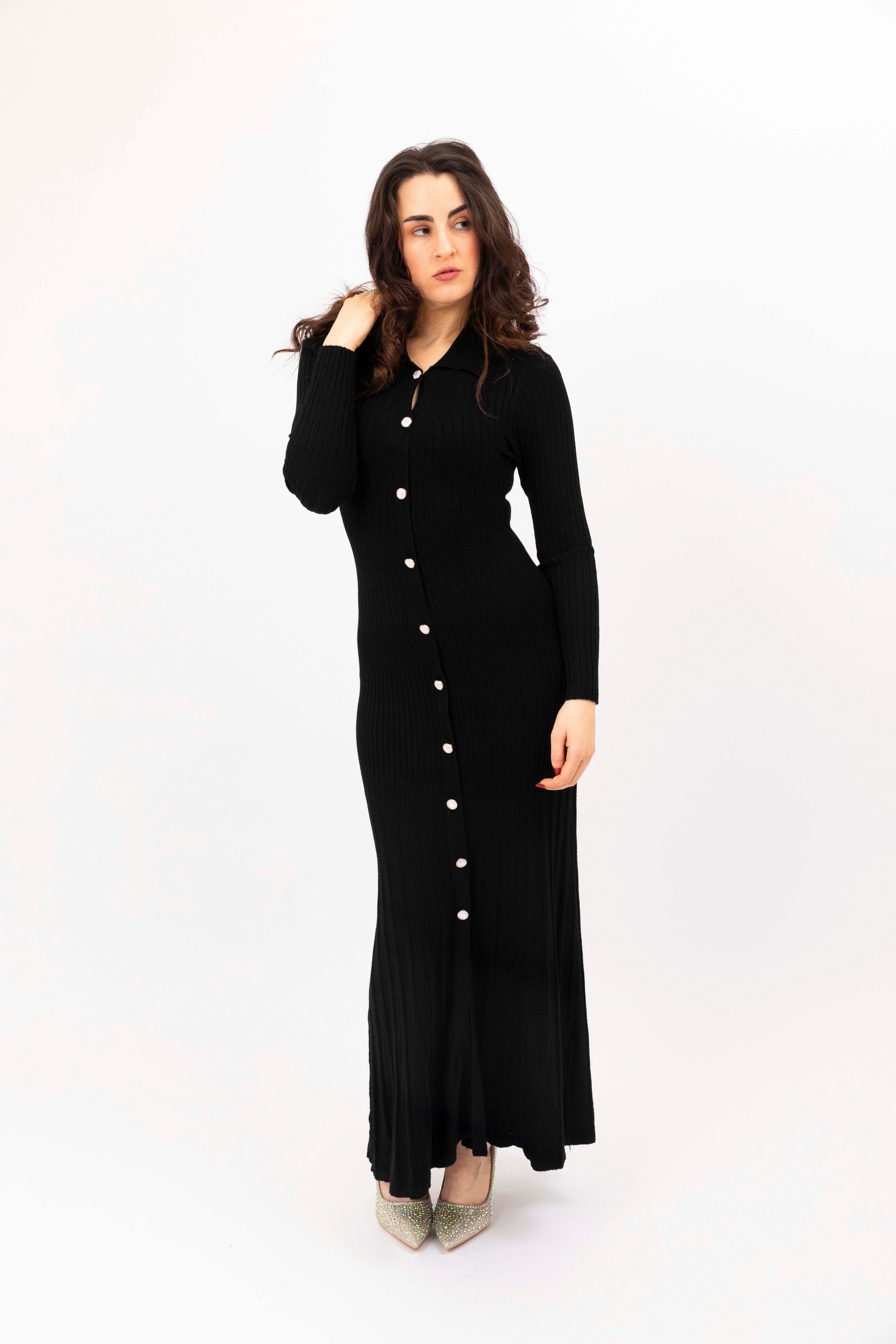 Ribbed Viscose Blend Button Detail Extra Long A-Line Knitted Dress