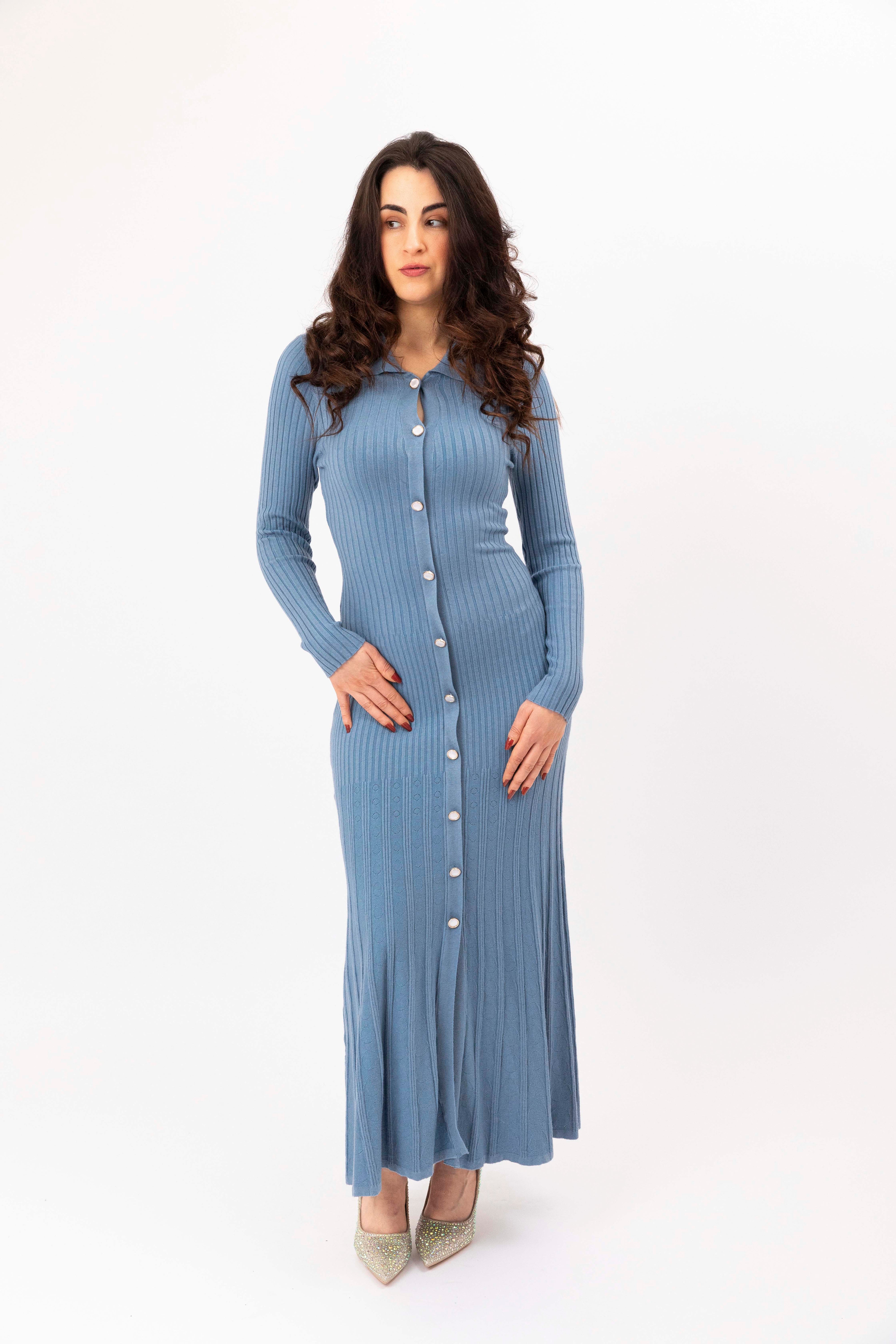 Ribbed Viscose Blend Button Detail Extra Long A-Line Knitted Dress