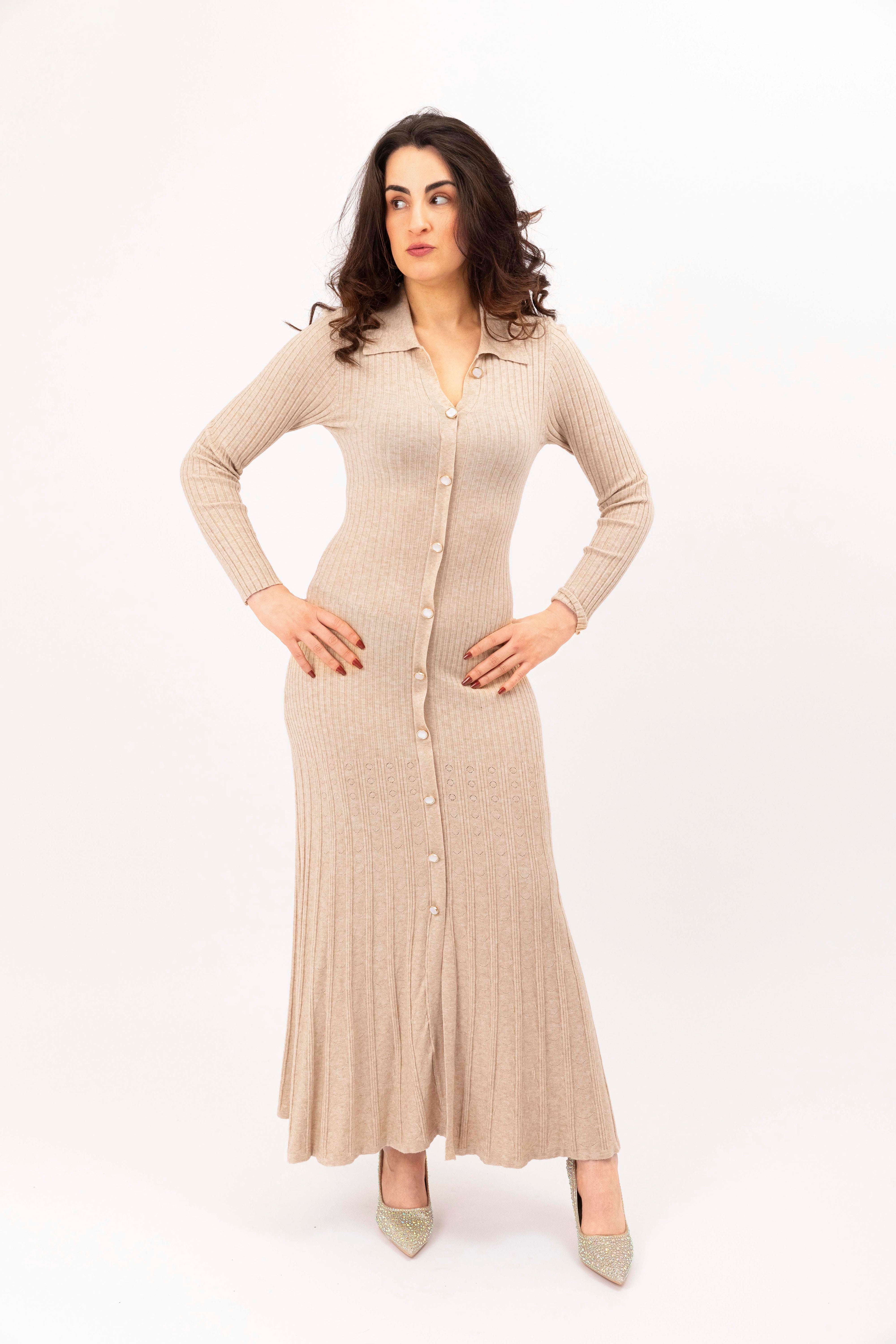 Ribbed Viscose Blend Button Detail Extra Long A-Line Knitted Dress