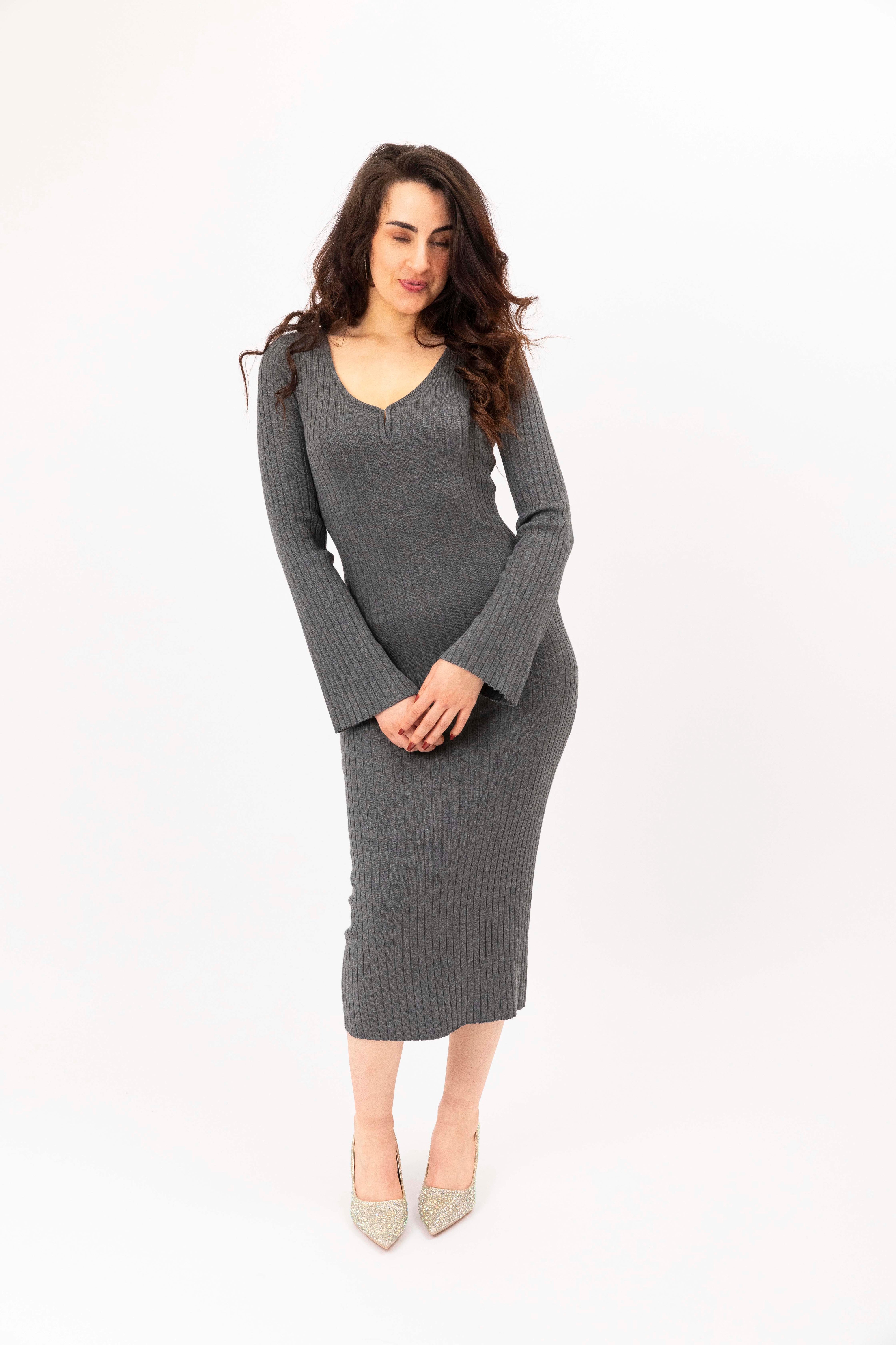 Bell Sleeve Ribbed Viscose Knitted V-Cut Midi Dress