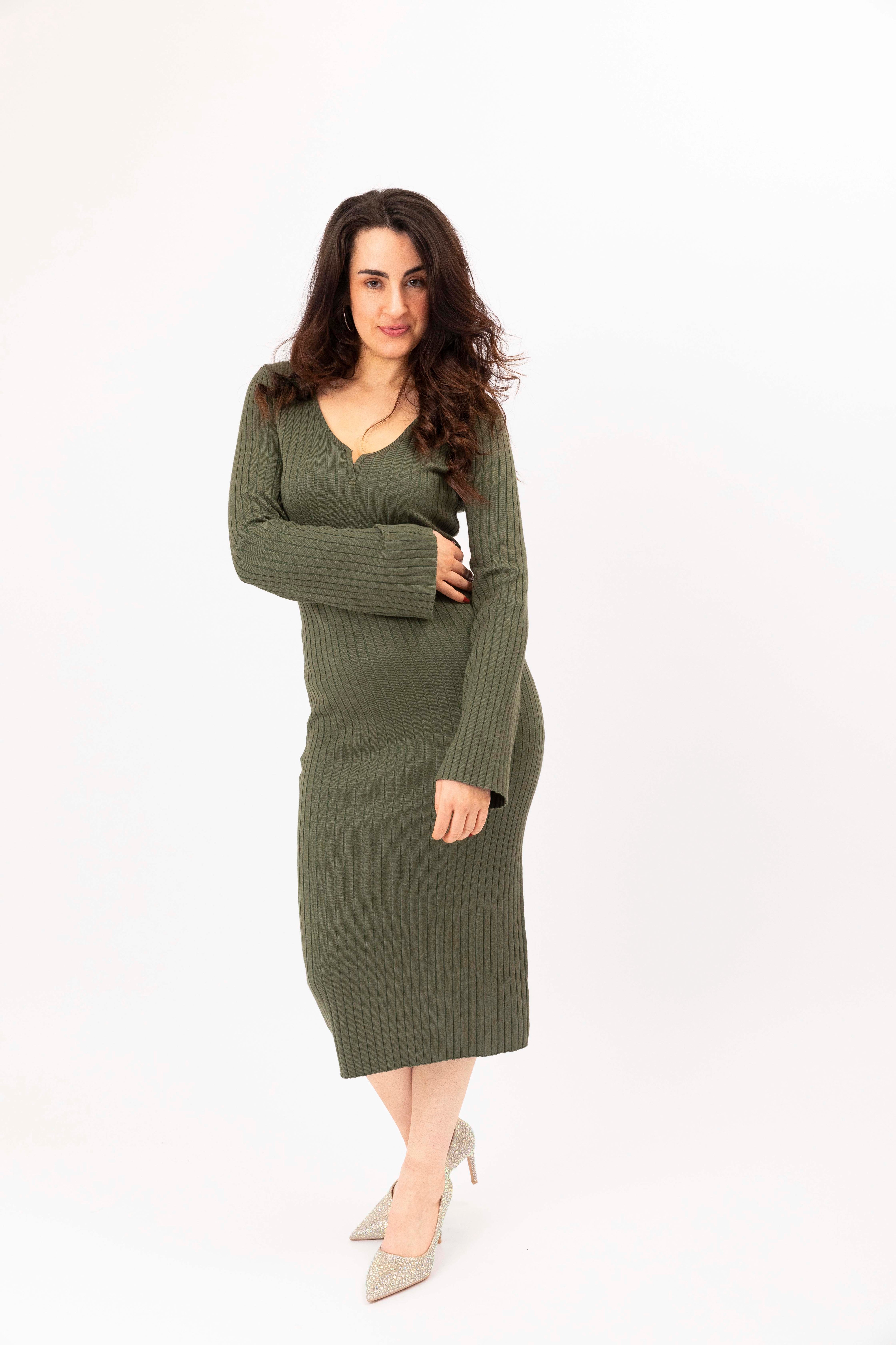 Bell Sleeve Ribbed Viscose Knitted V-Cut Midi Dress