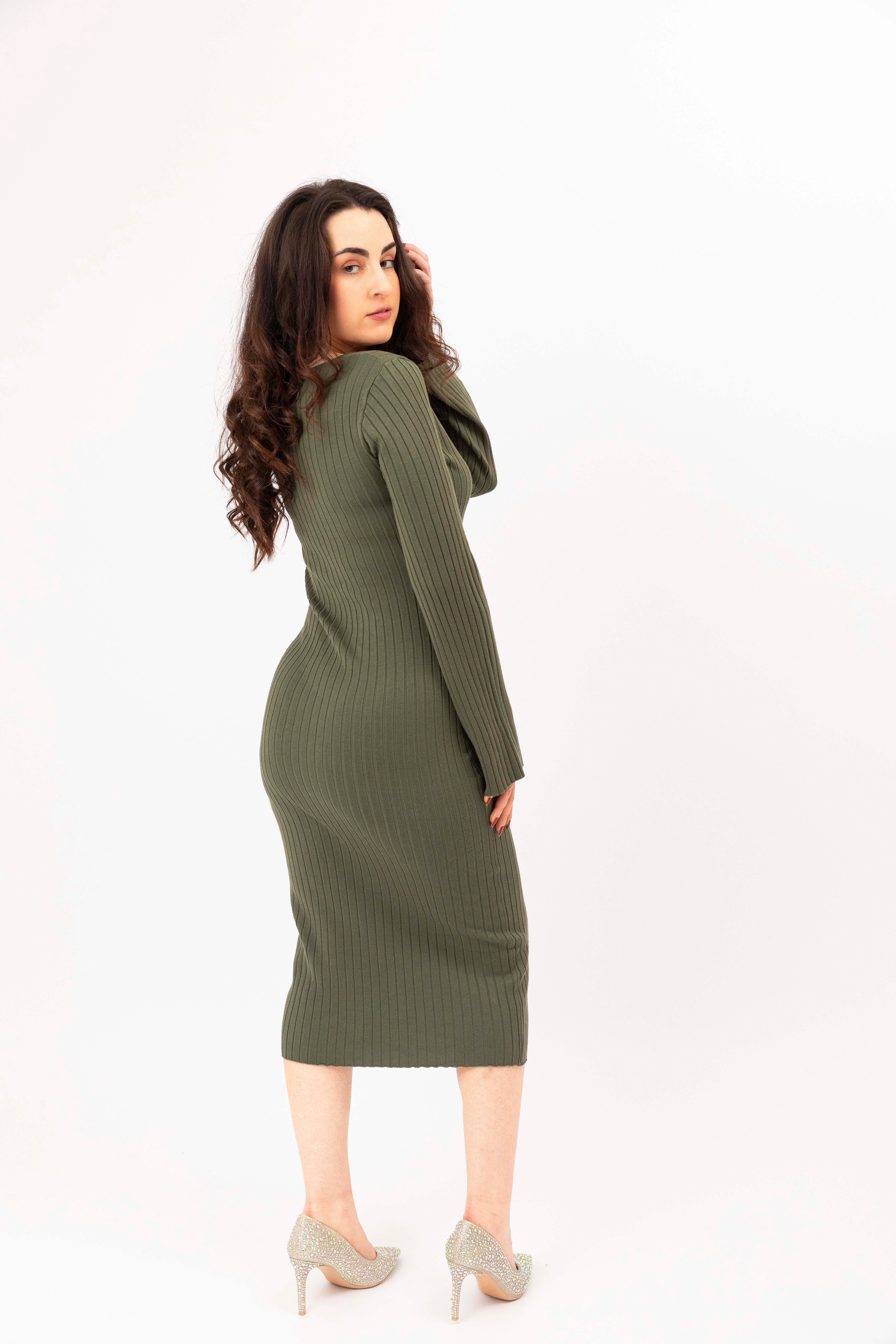 Bell Sleeve Ribbed Viscose Knitted V-Cut Midi Dress