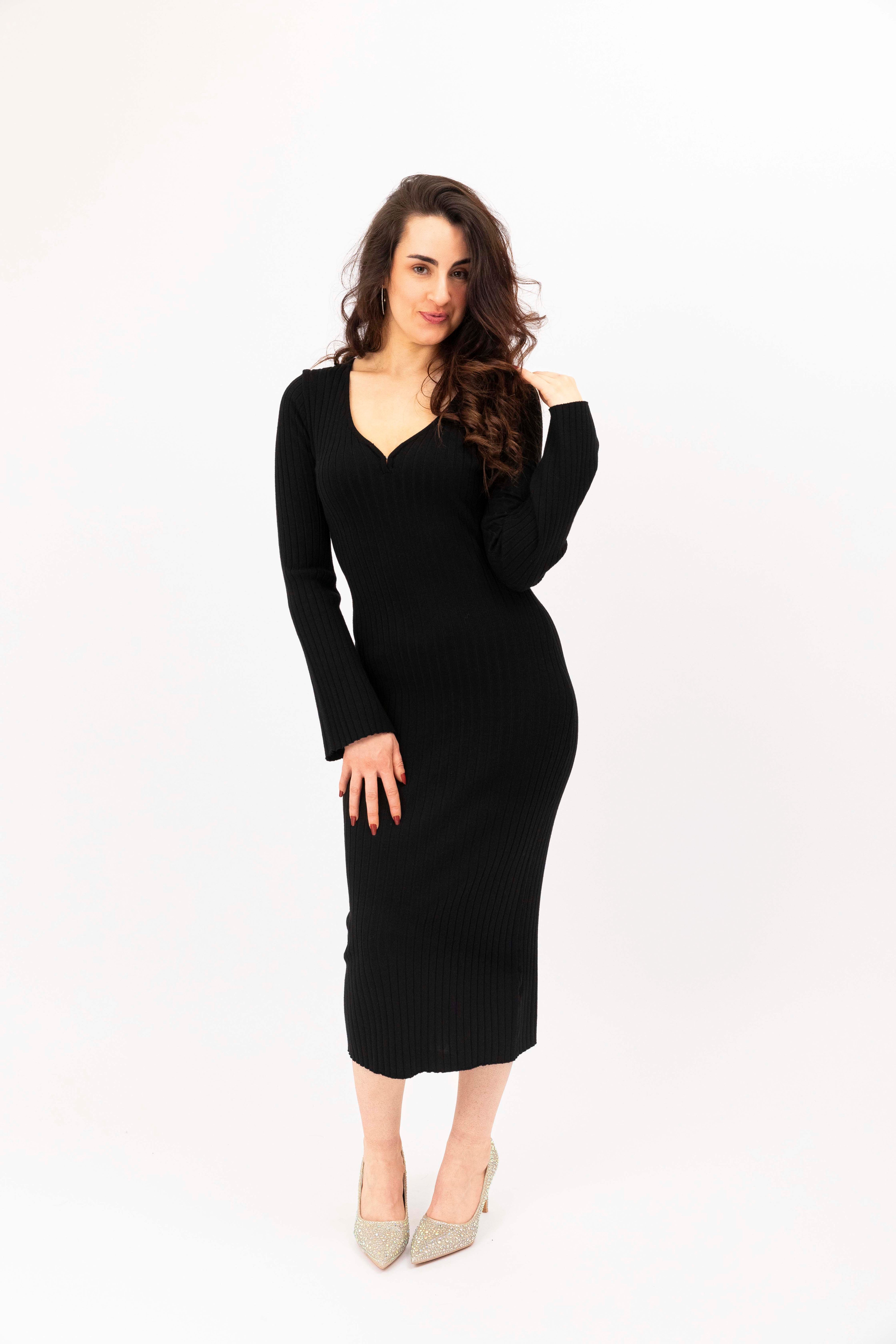 Bell Sleeve Ribbed Viscose Knitted V-Cut Midi Dress