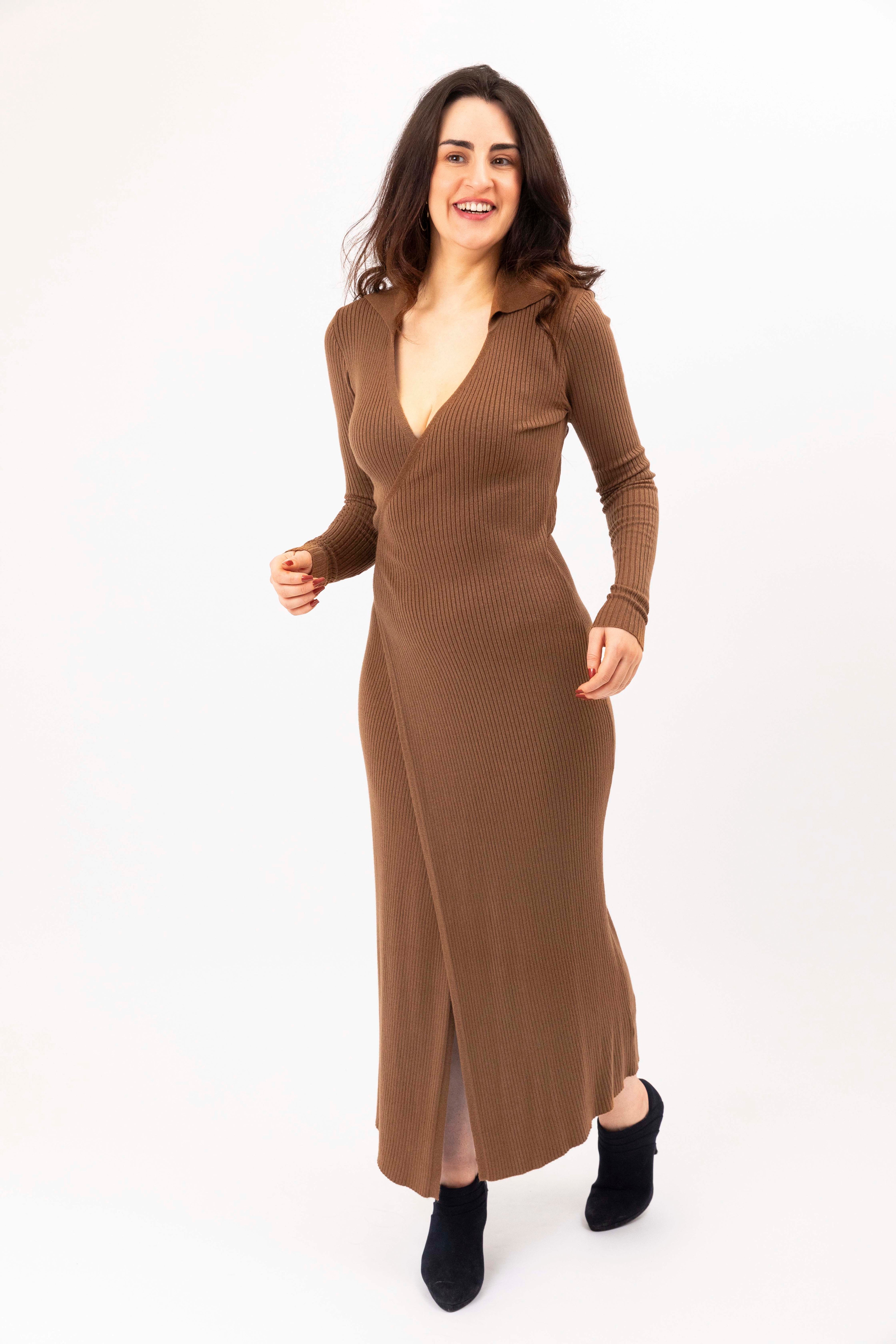 Ribbed Viscose Blend Tie Wrap Up Extra Long Knitted Dress