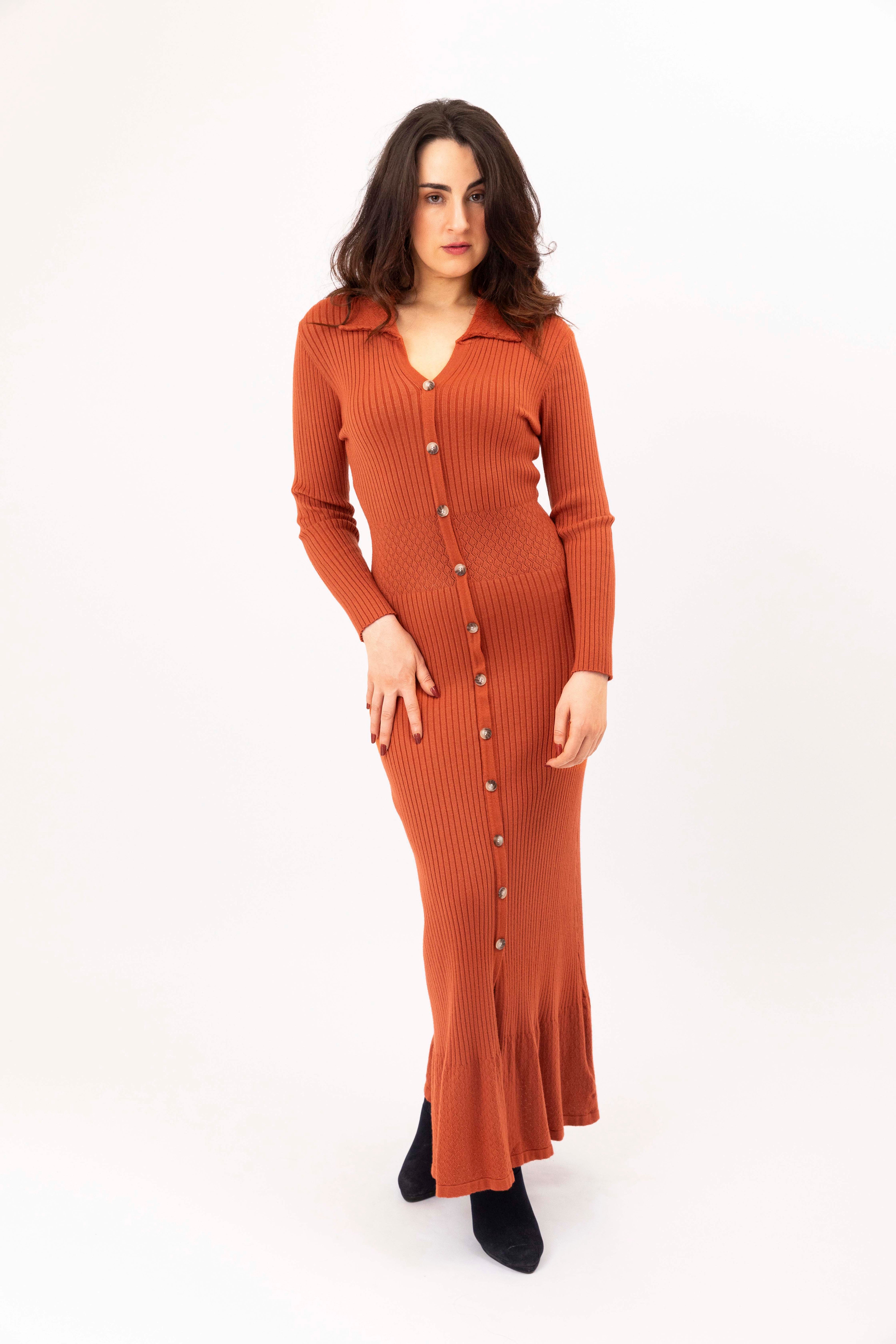 Perforated Waist Panel Button Detail Viscose Blend Extra Long Knitted Dress