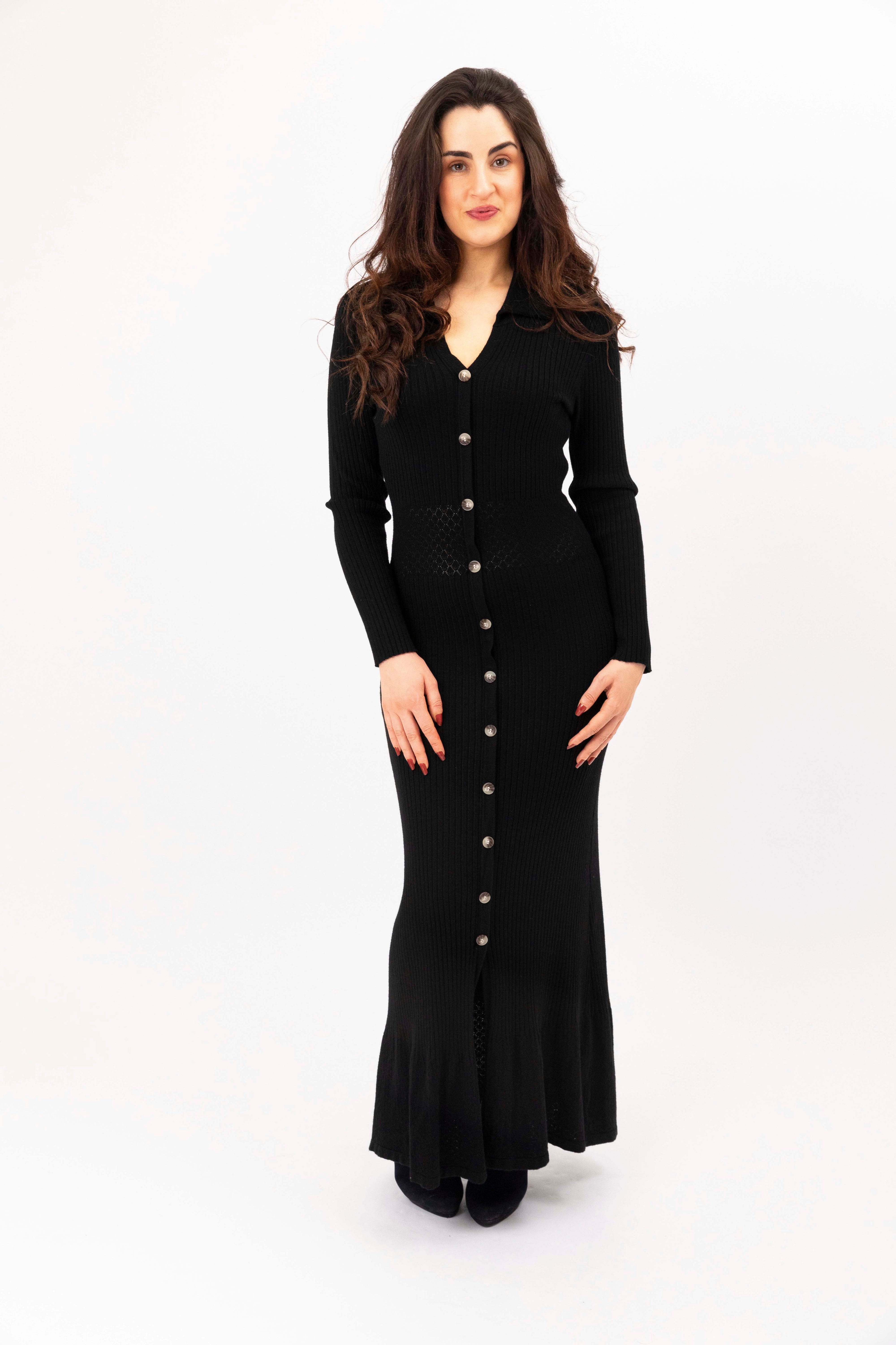 Perforated Waist Panel Button Detail Viscose Blend Extra Long Knitted Dress