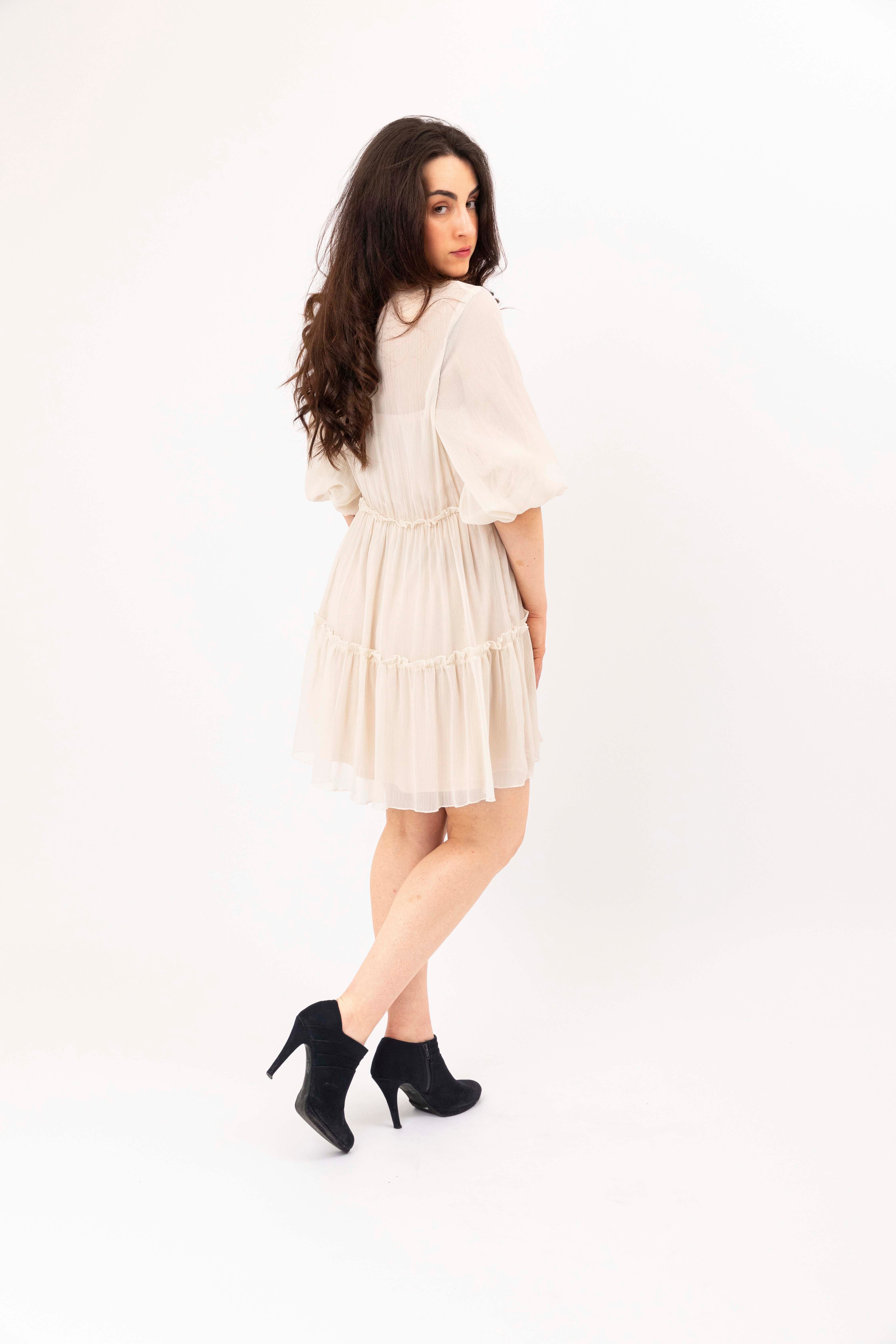 Mock Neck ¾ Sleeve Chiffon Layered Mini Dress