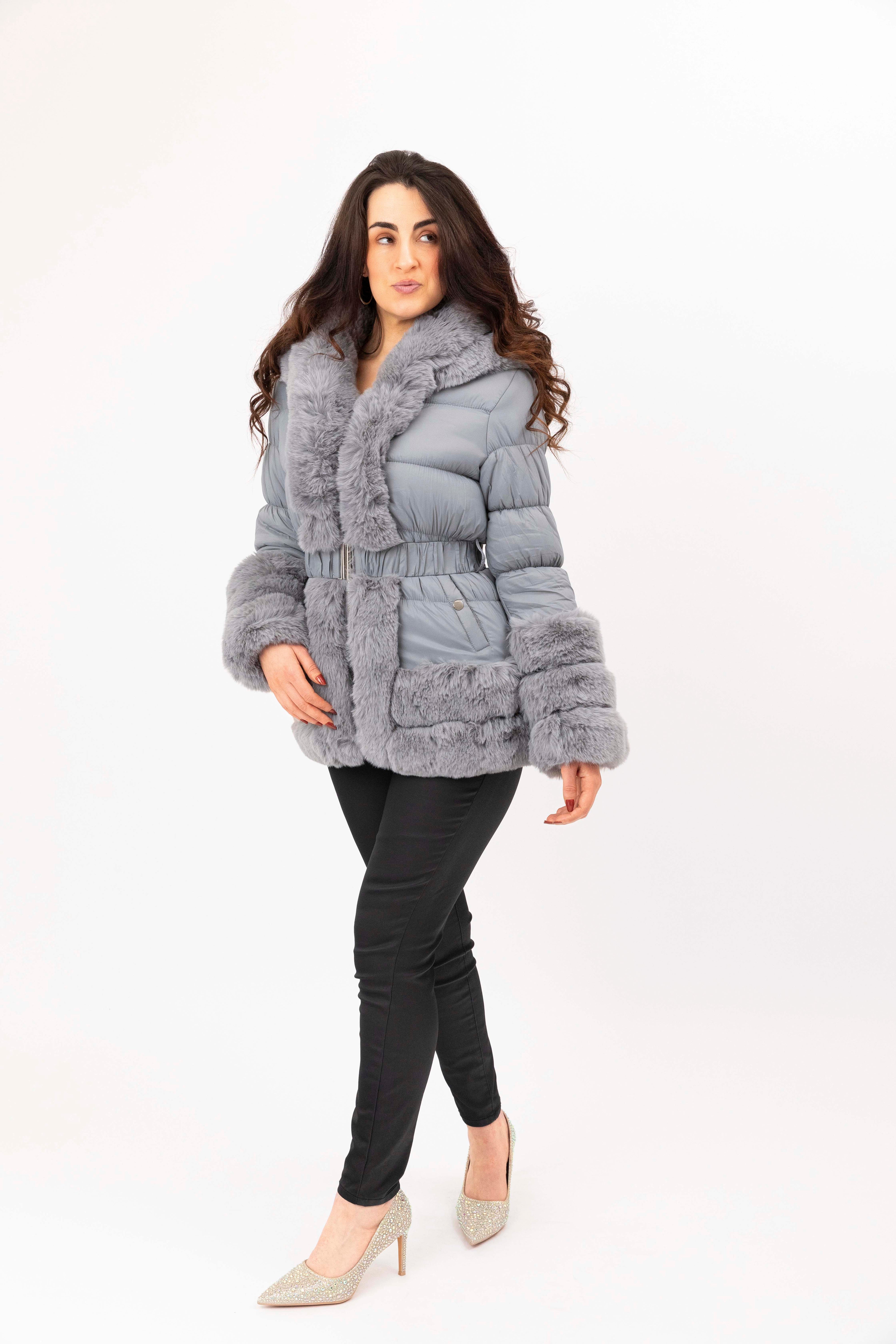 Wholesale Women's Hooded Faux Fur Hem Elasticated Belt Lined Jacket (PACK OF 8)