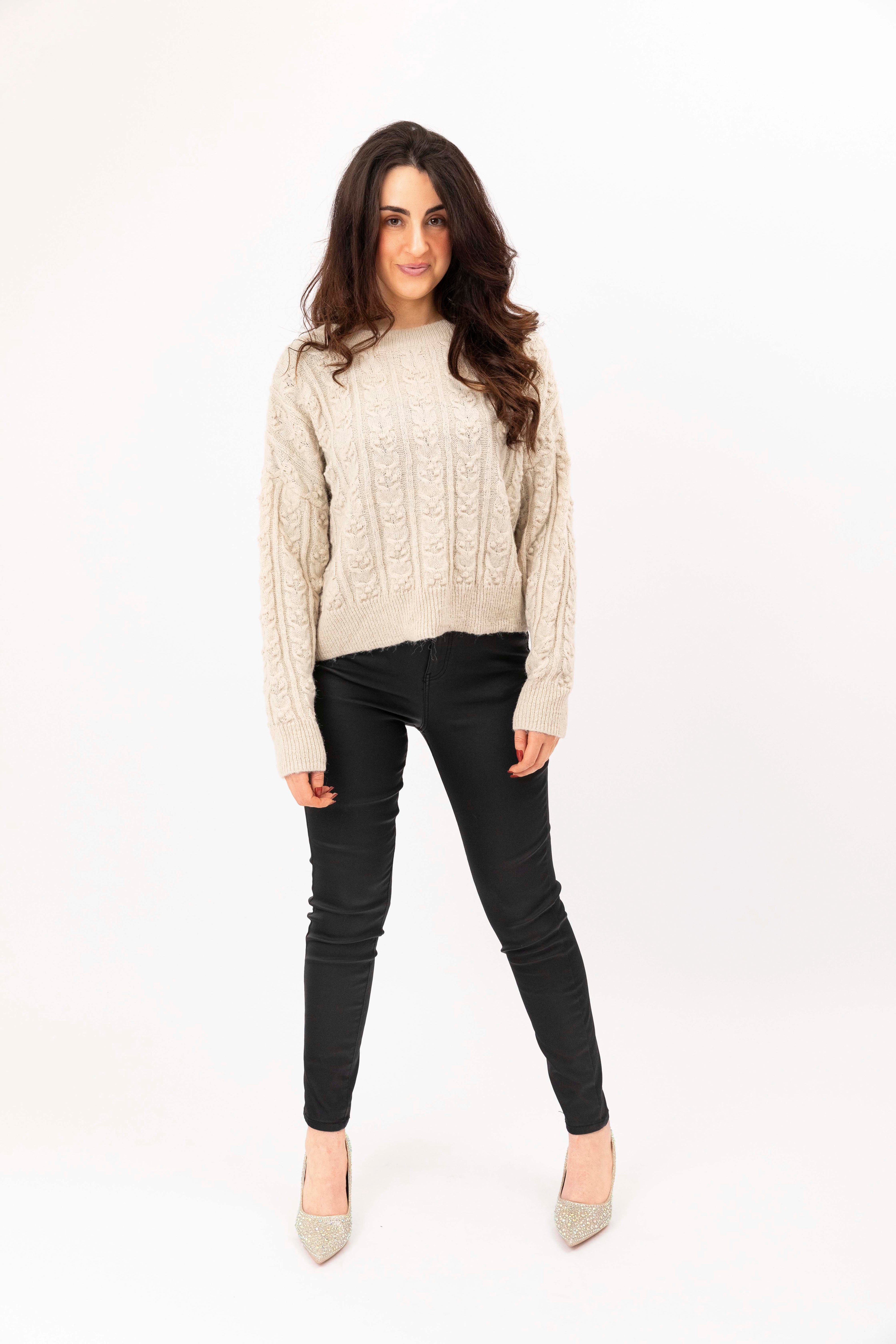 Fluffy Cable Knit Crew Neck Pullover