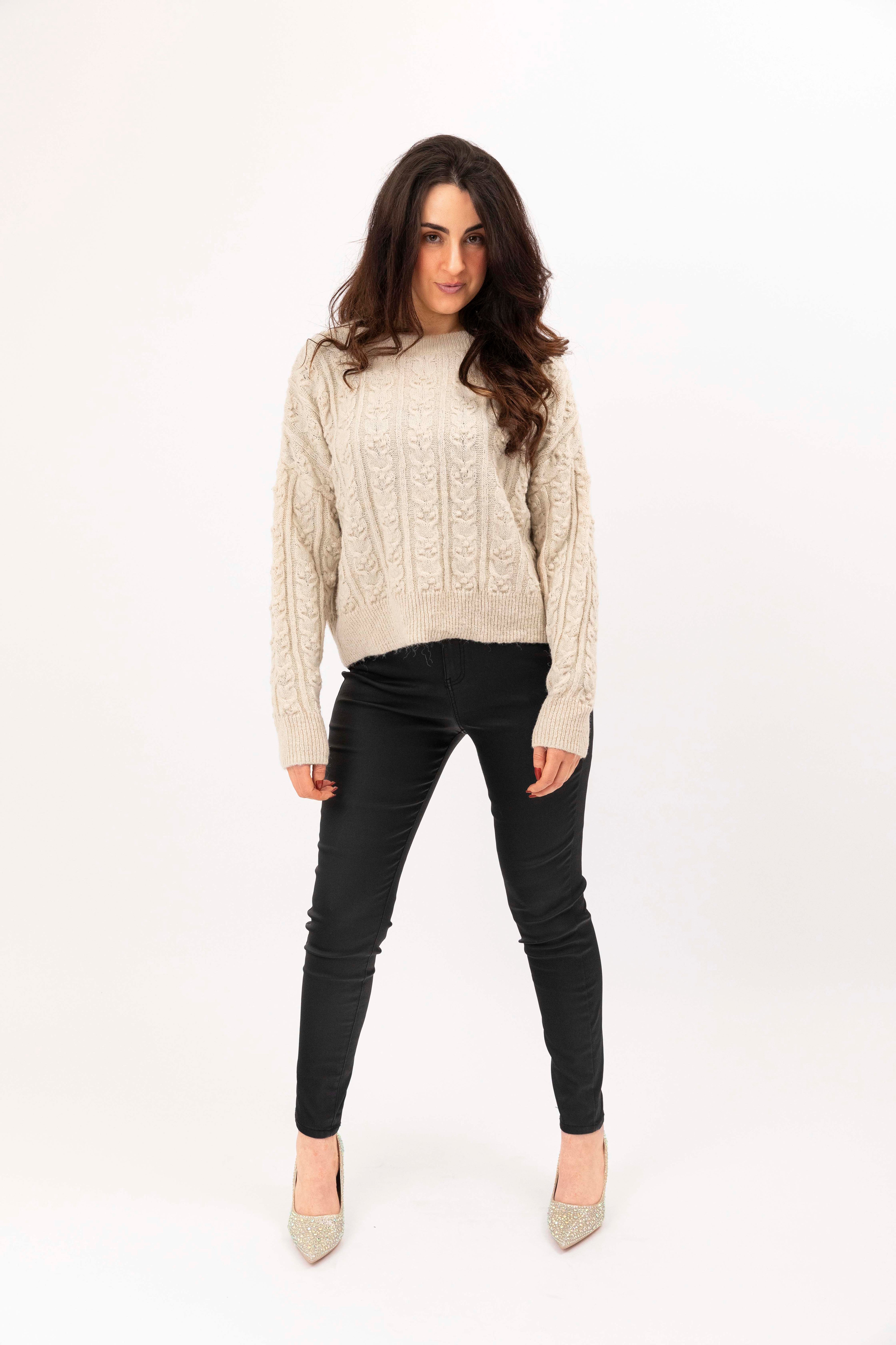 Fluffy Cable Knit Crew Neck Pullover