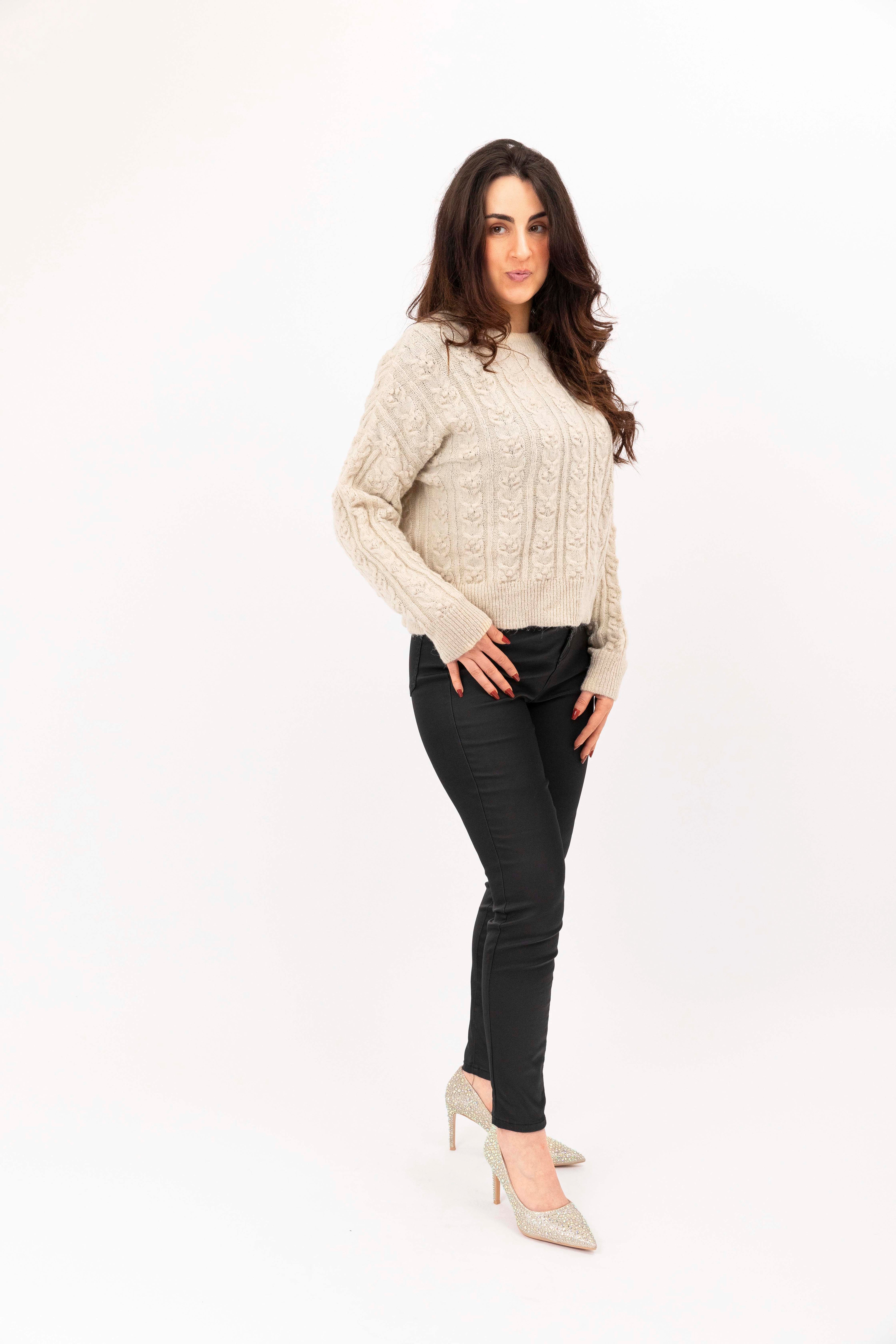 Fluffy Cable Knit Crew Neck Pullover