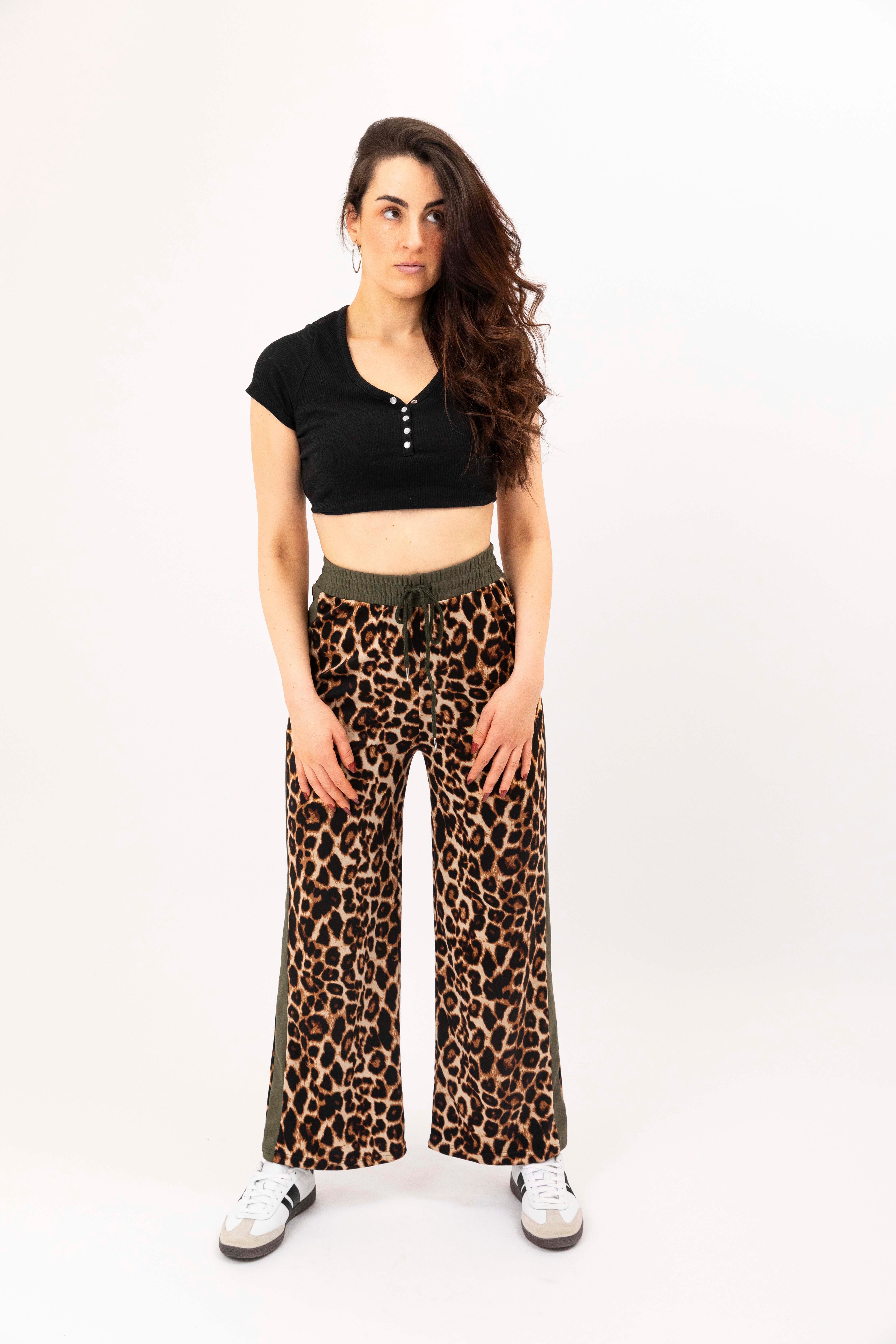 Wholesale Women's Leopard Print Colourbock Panel Wide Leg Drawstring Joggers (PACK OF 12)