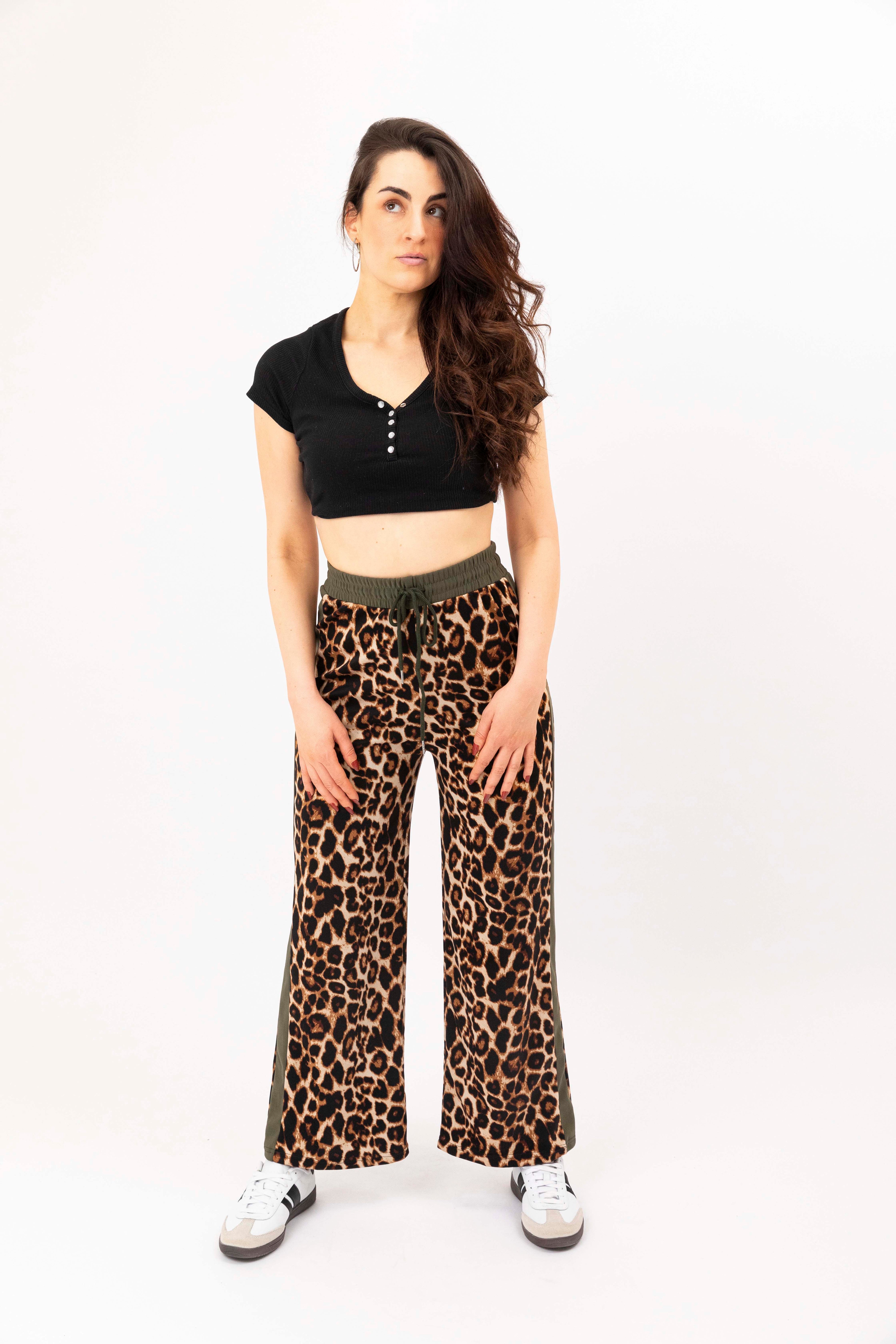 Wholesale Women's Leopard Print Colourbock Panel Wide Leg Drawstring Joggers (PACK OF 12)