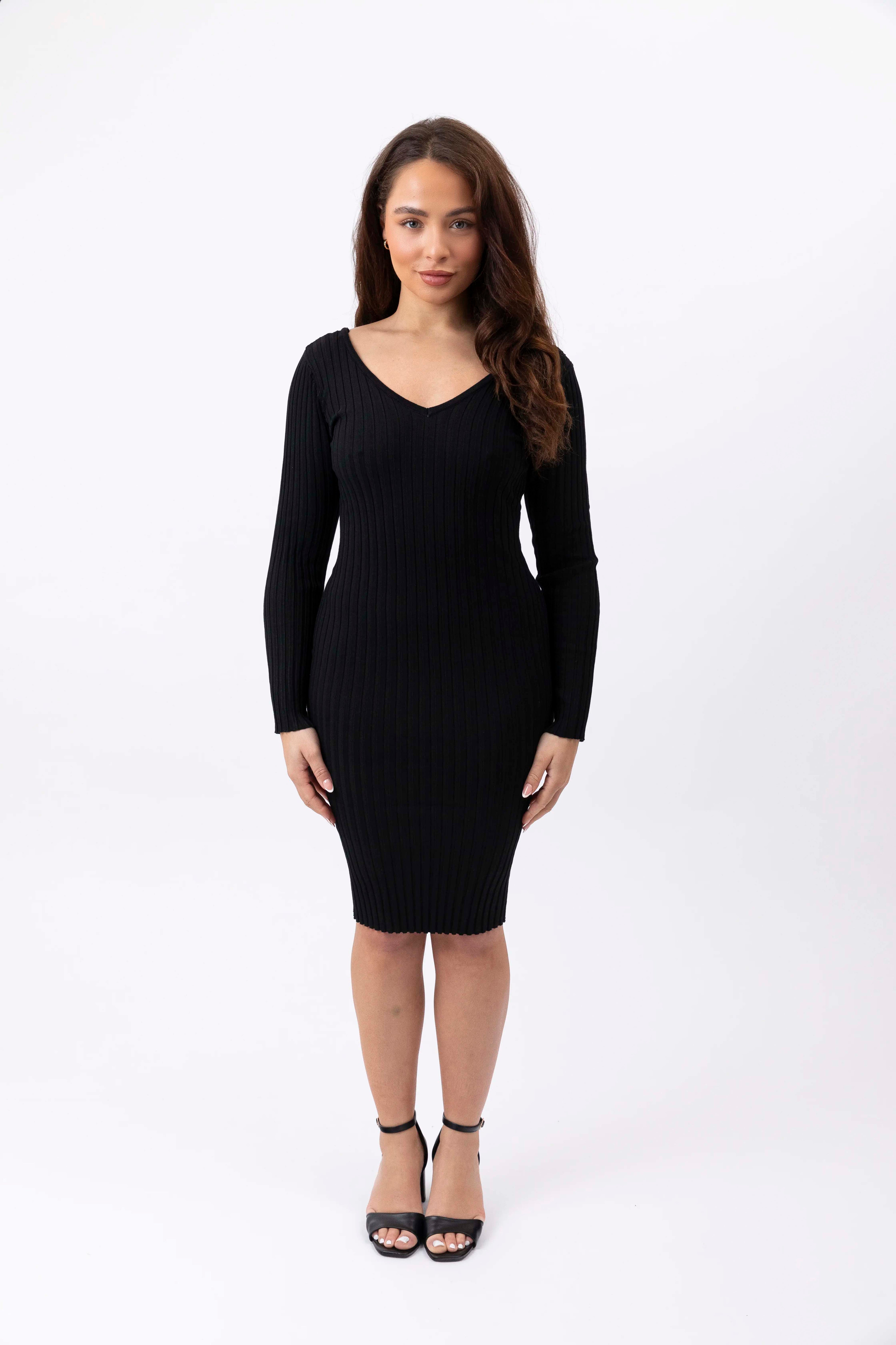 V-Cut Viscose Knitted Ribbed Classic Midi Dress