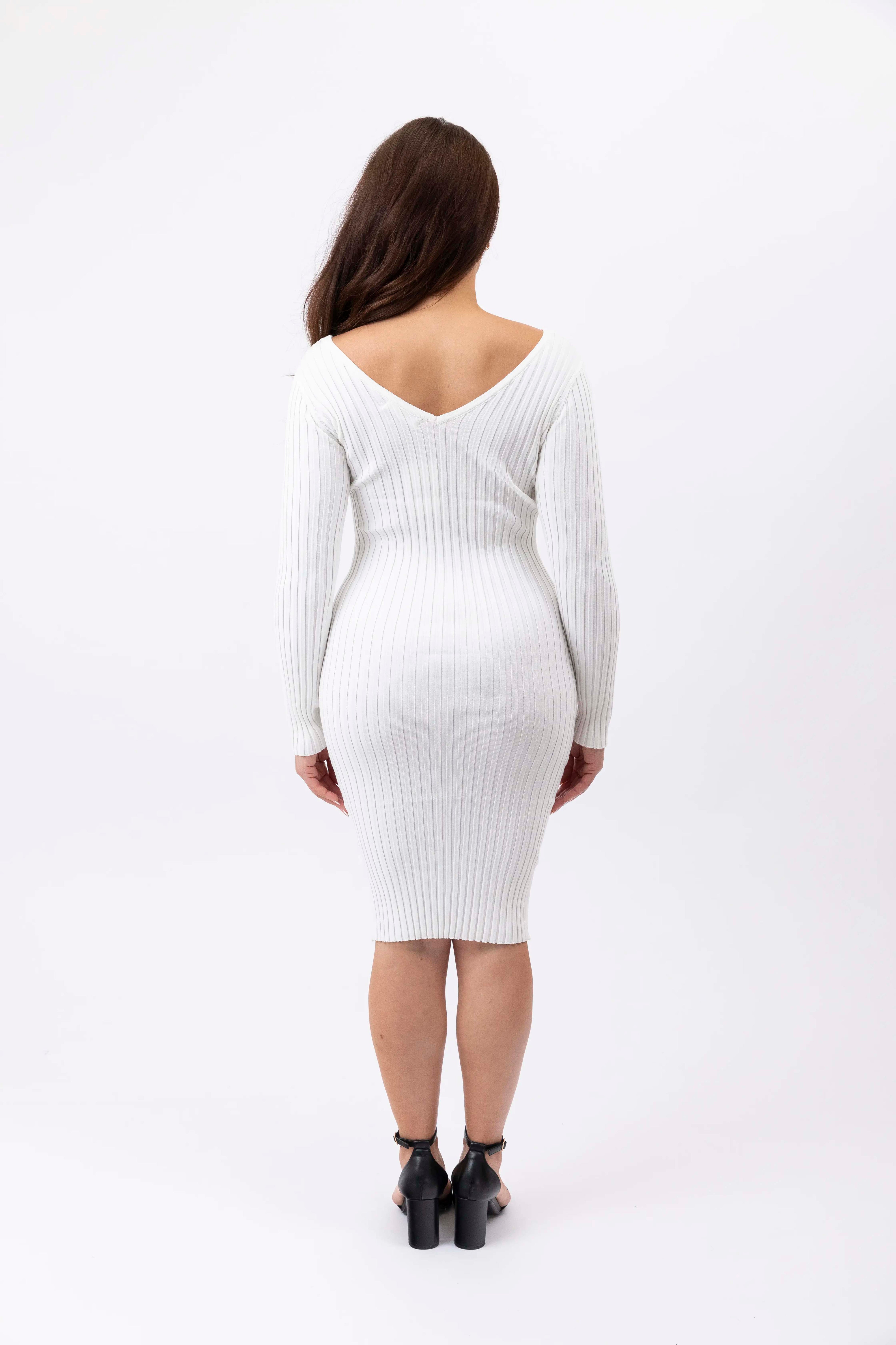 V-Cut Viscose Knitted Ribbed Classic Midi Dress