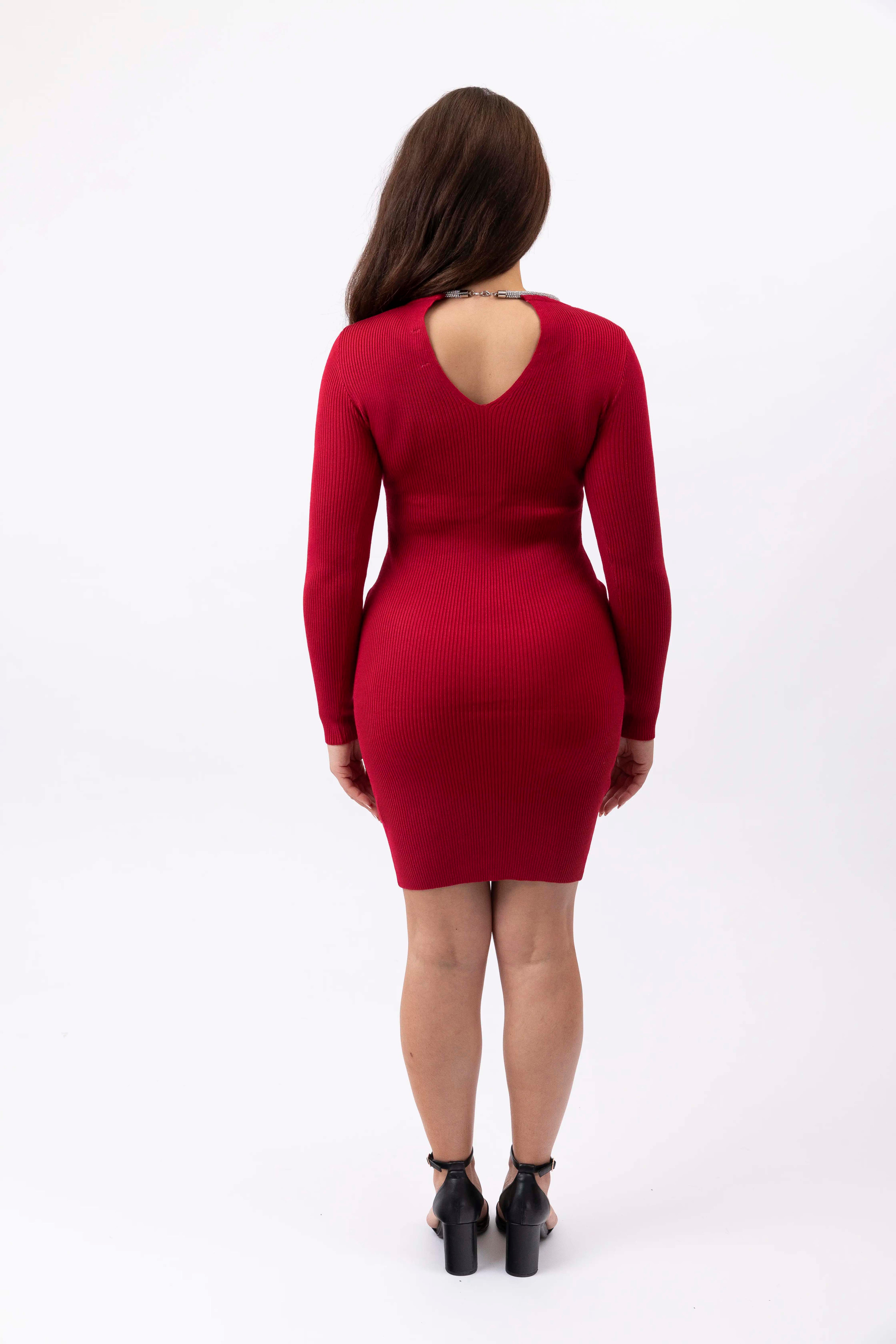 Crystal Encrusted Necklace Neckline Knitted Bodycon Dress