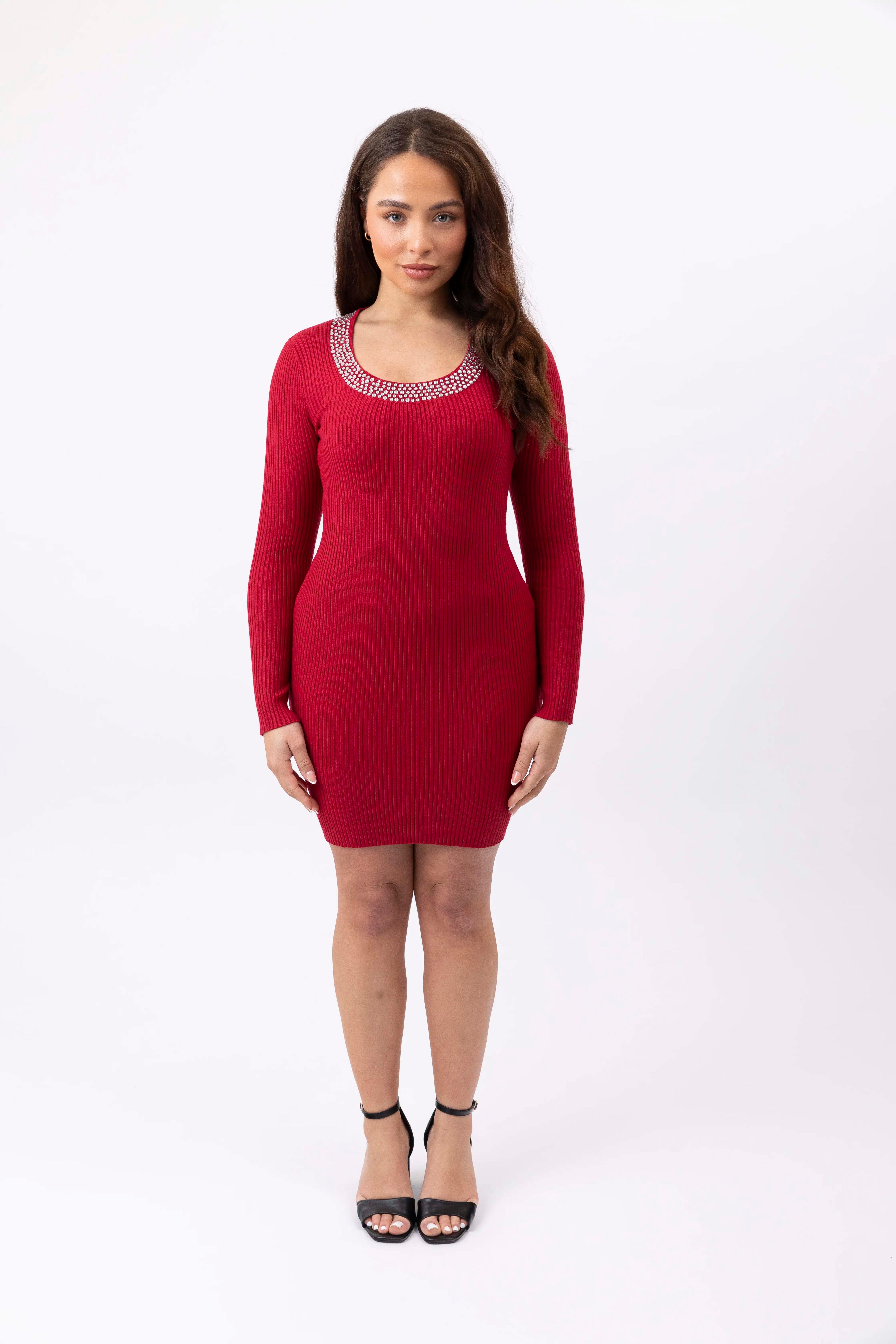 Crystal Embellished Ribbed Viscose Blend Knitted Bodycon Dress