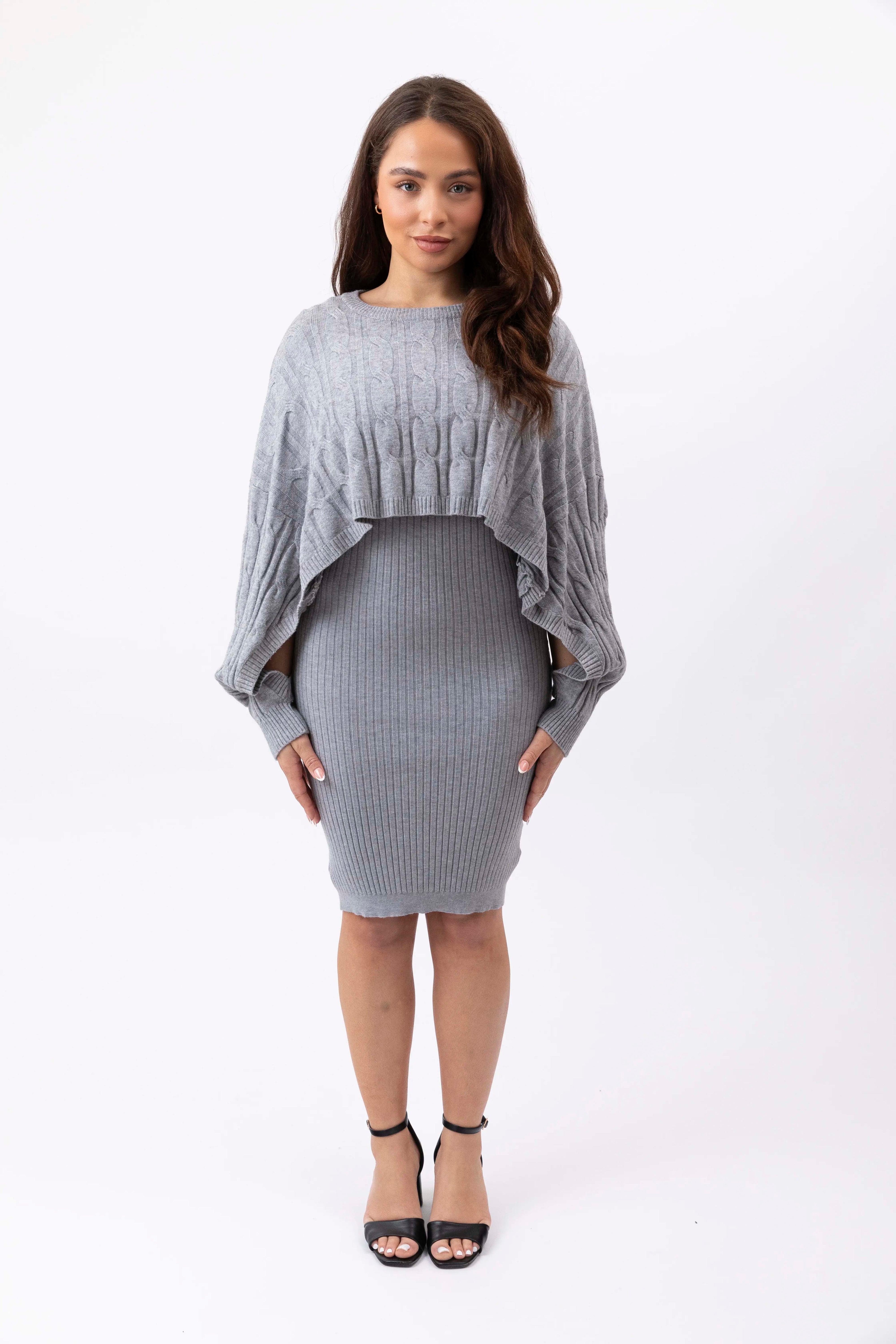 Cable Knit Bolero Ant V-Cut Viscose Blend Knitted Dress