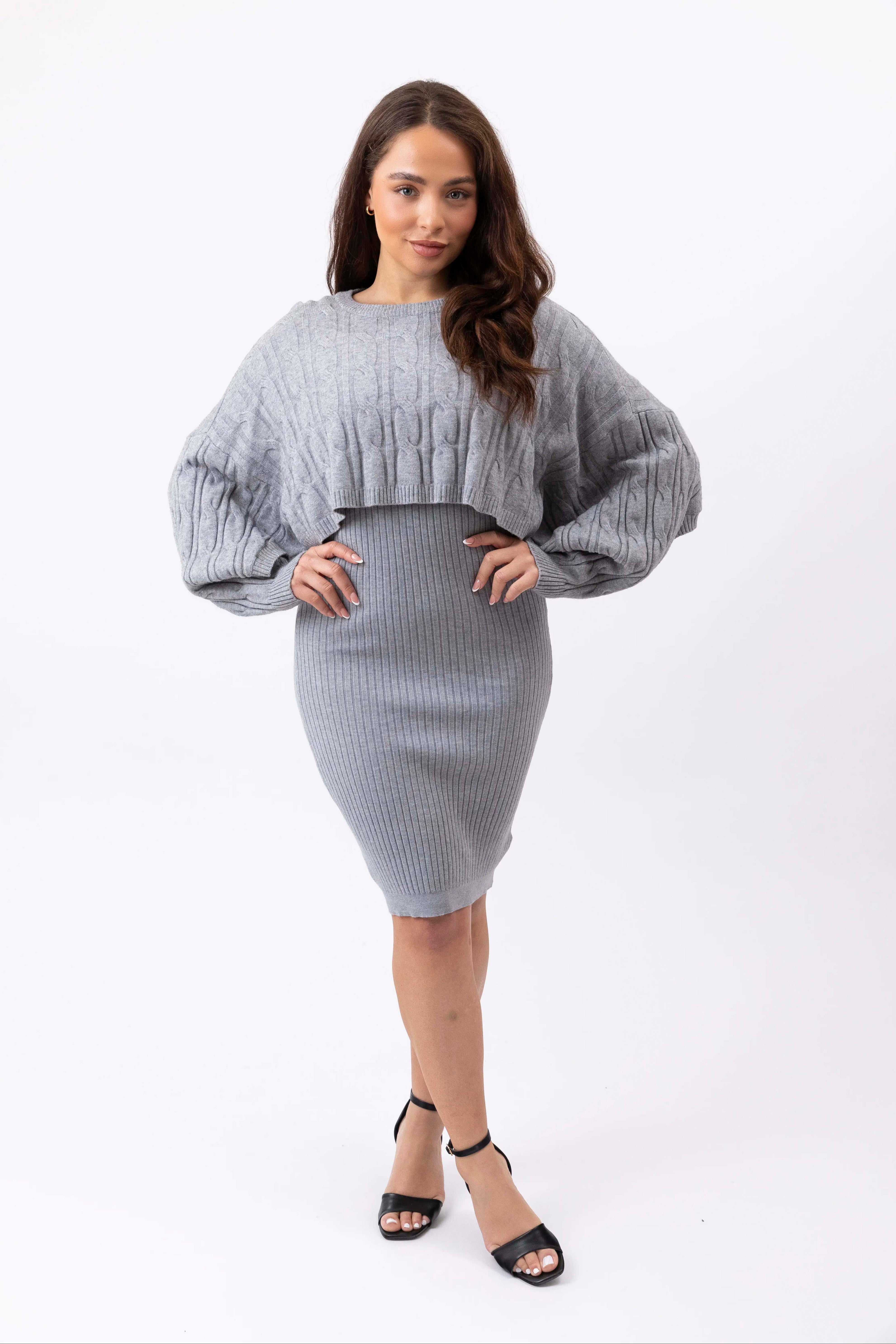 Cable Knit Bolero Ant V-Cut Viscose Blend Knitted Dress