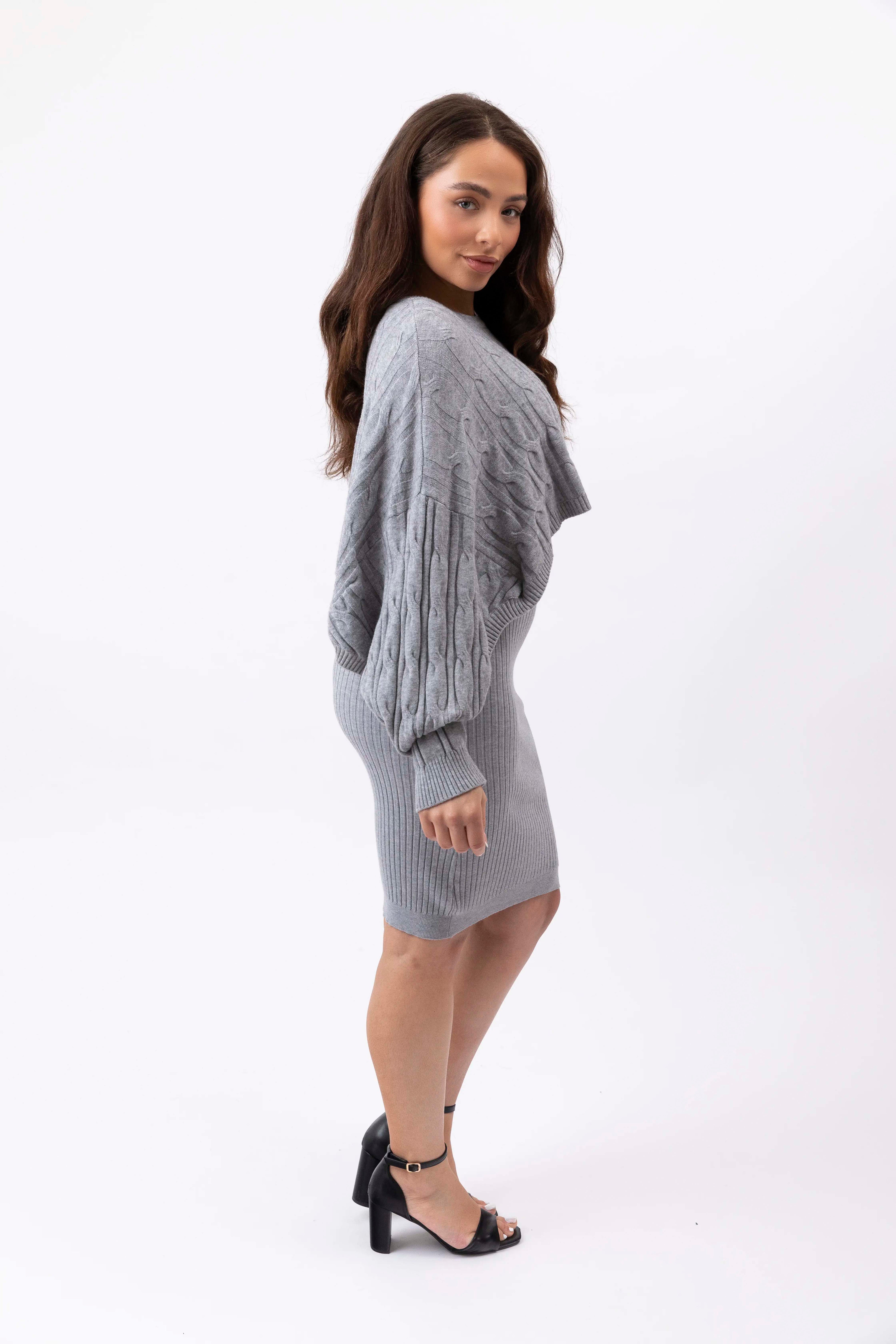 Cable Knit Bolero Ant V-Cut Viscose Blend Knitted Dress