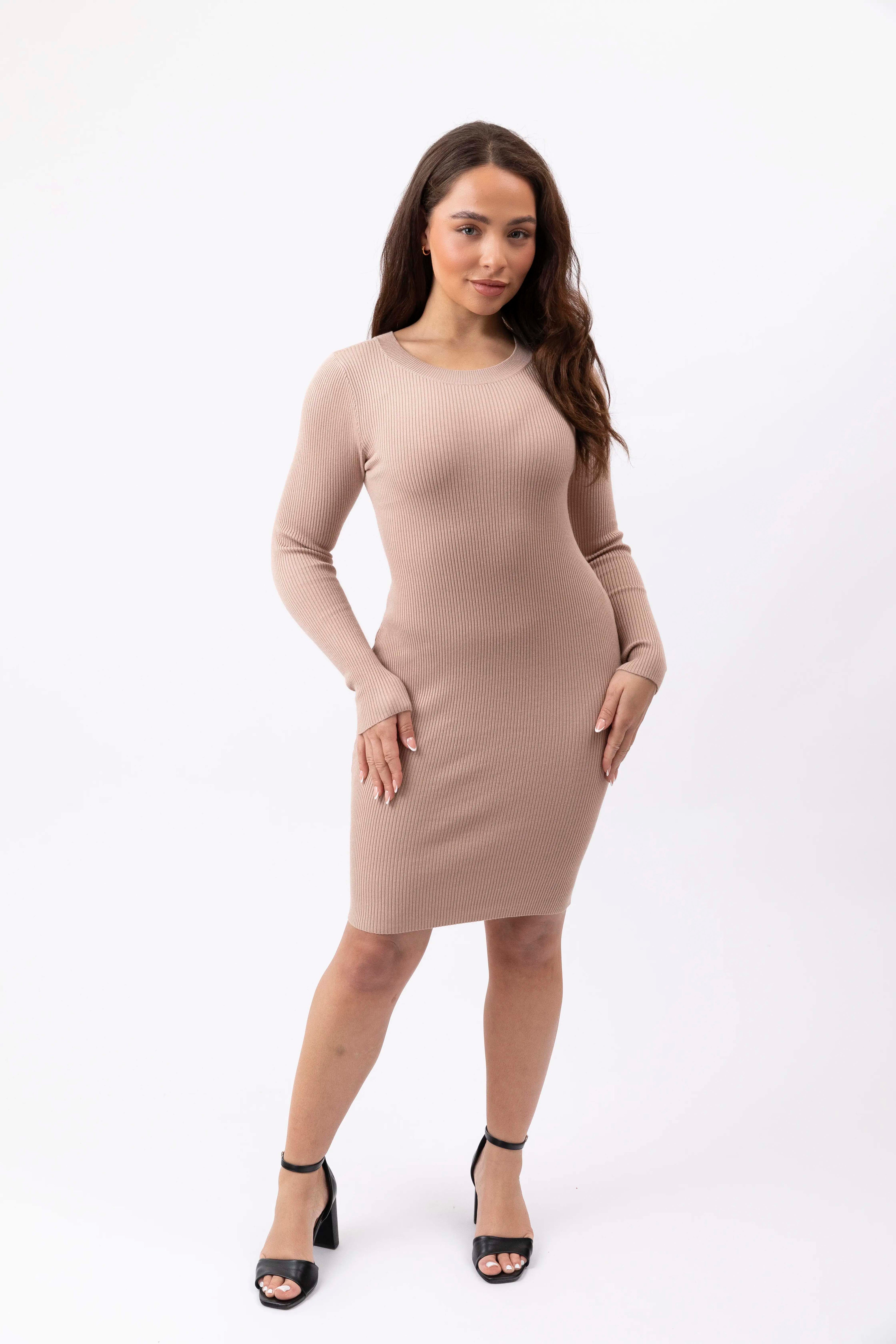 Cut Out Back Ribbed Viscose Blend Knitted Bodycon Dress