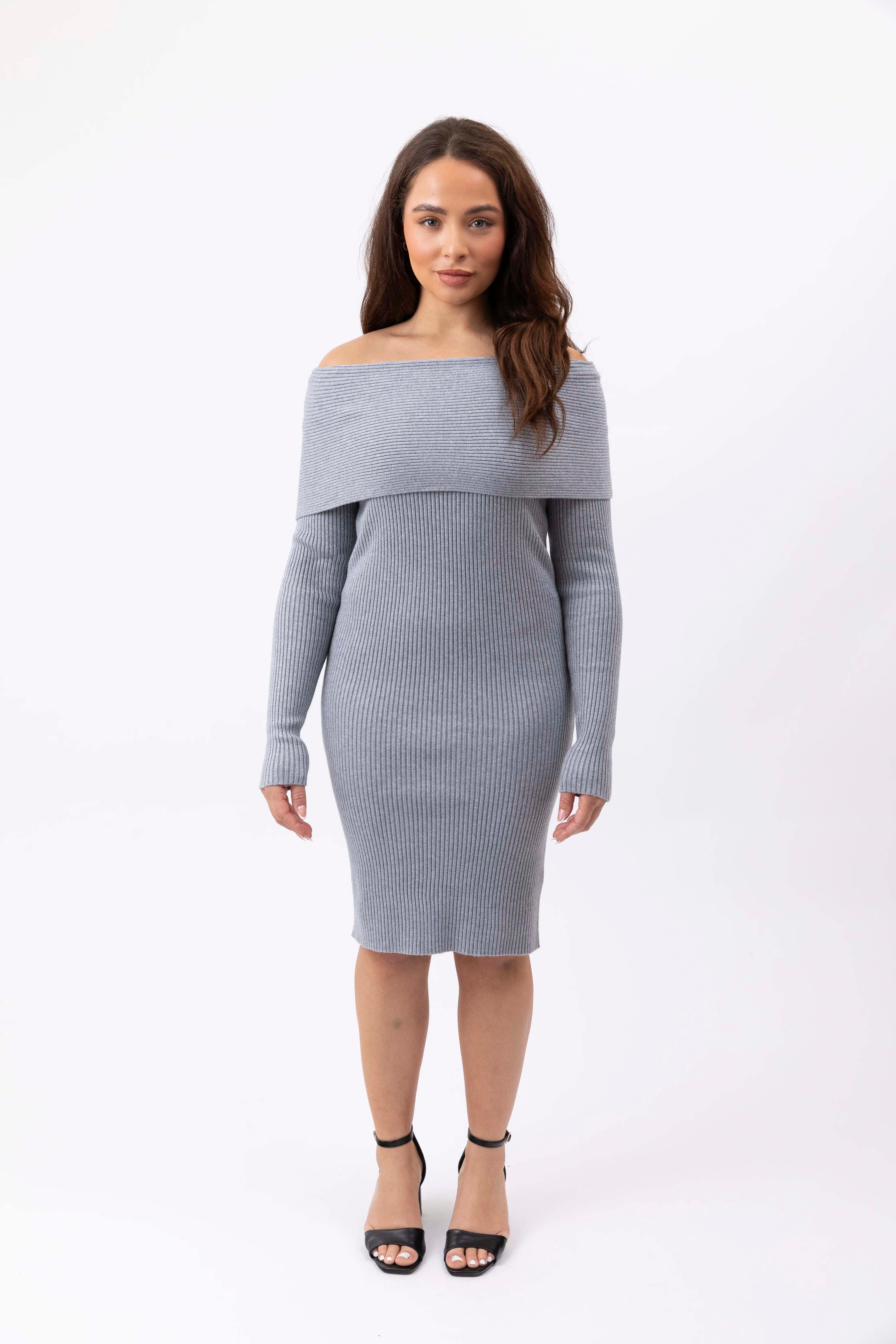 Viscose Blend Ribbed Bardot Knitted Midi Dress