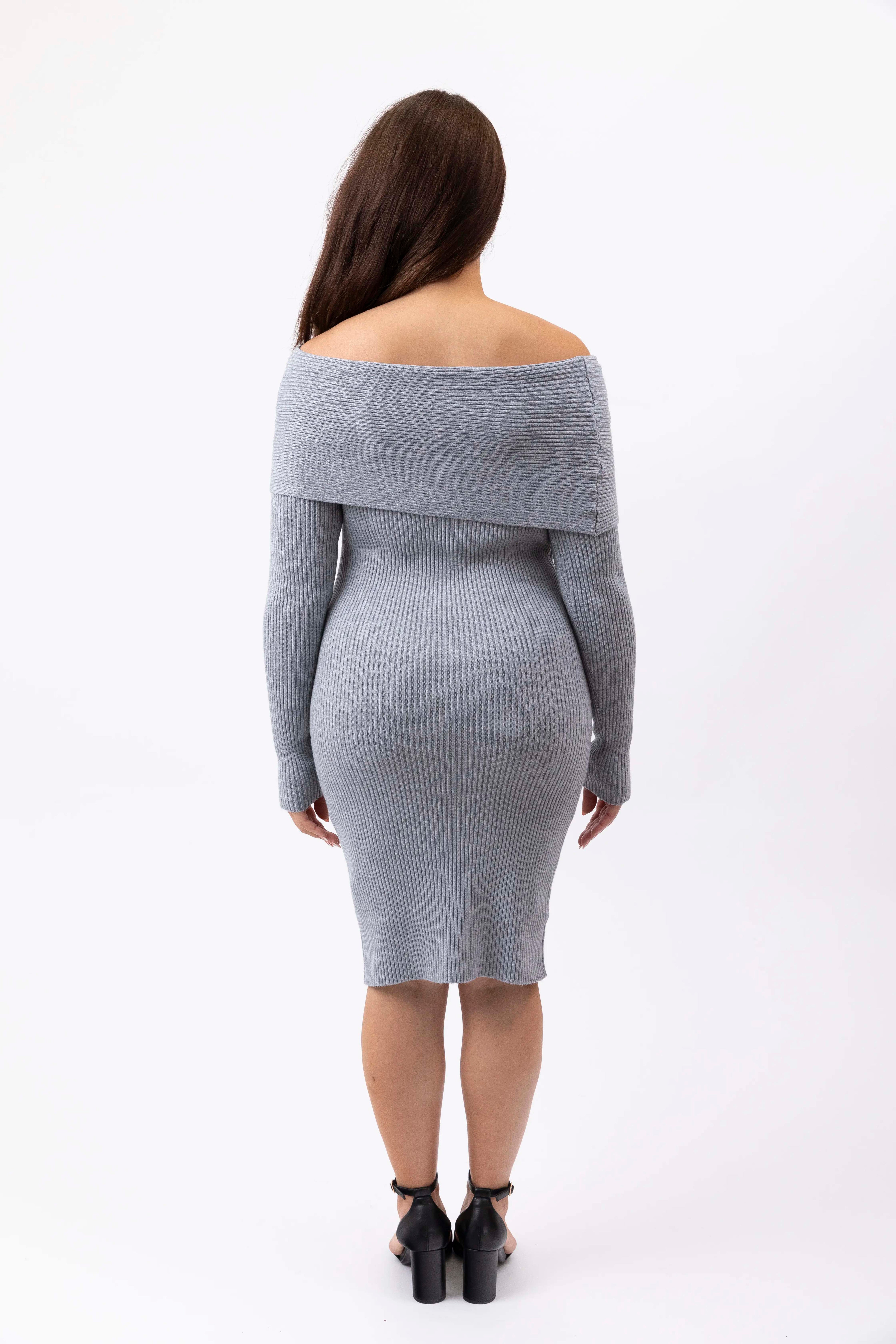 Viscose Blend Ribbed Bardot Knitted Midi Dress