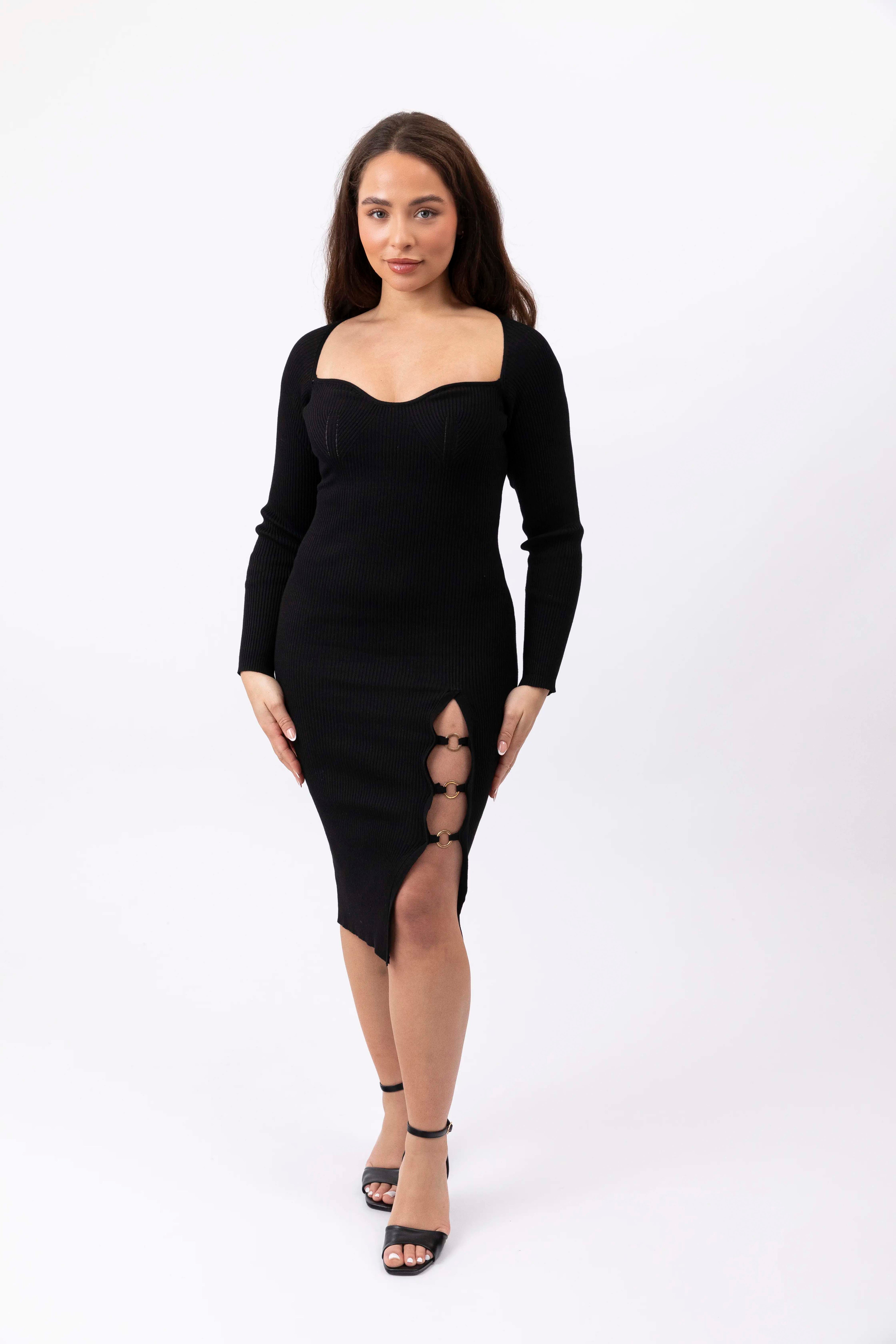 Sweetheart Neckline Side Slit Viscose Blend Knitted Midi Dress