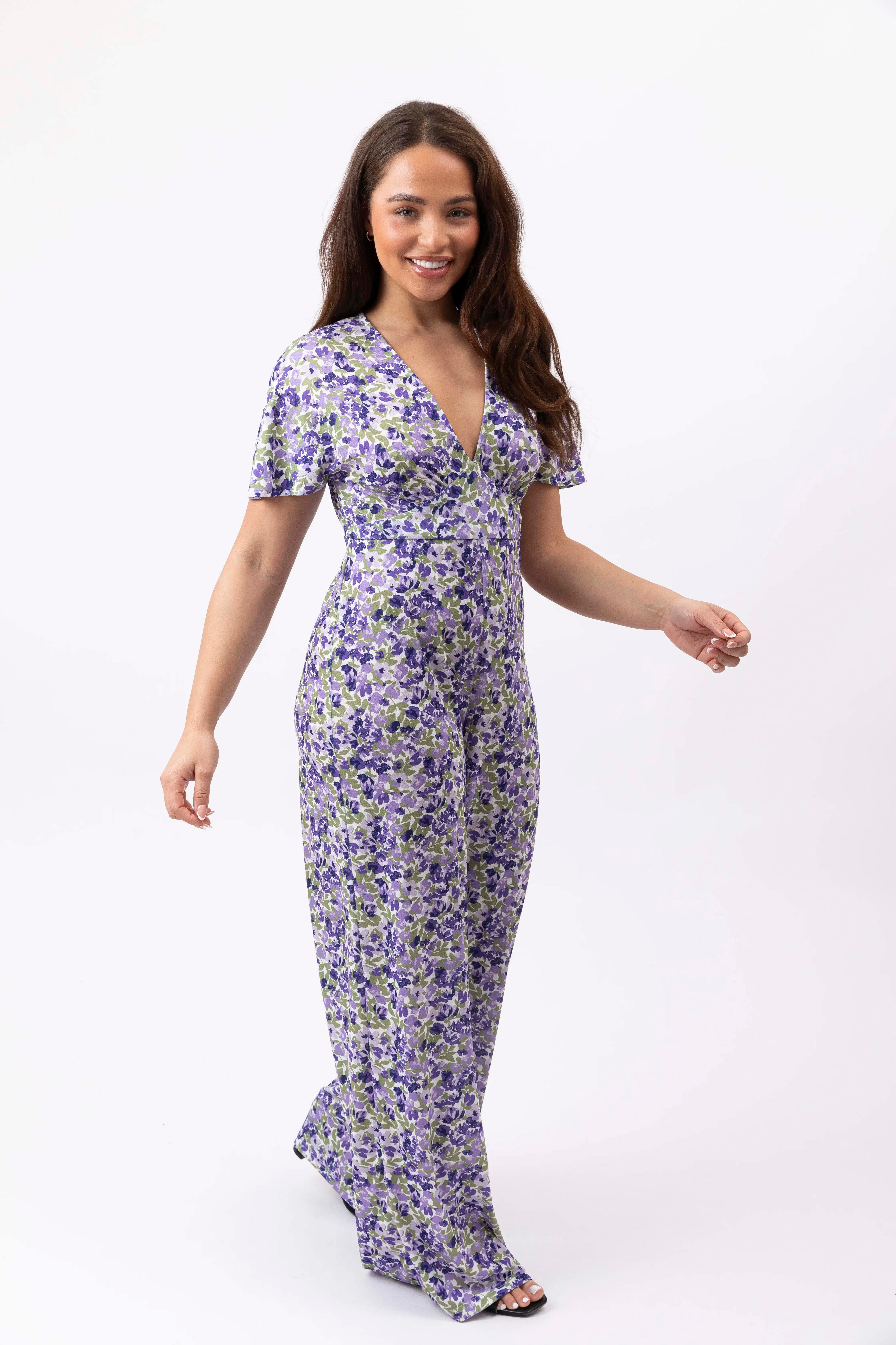 Floral Print Low Cut Neck Empire Waist Wide Extra Long Leg Jumpsuit