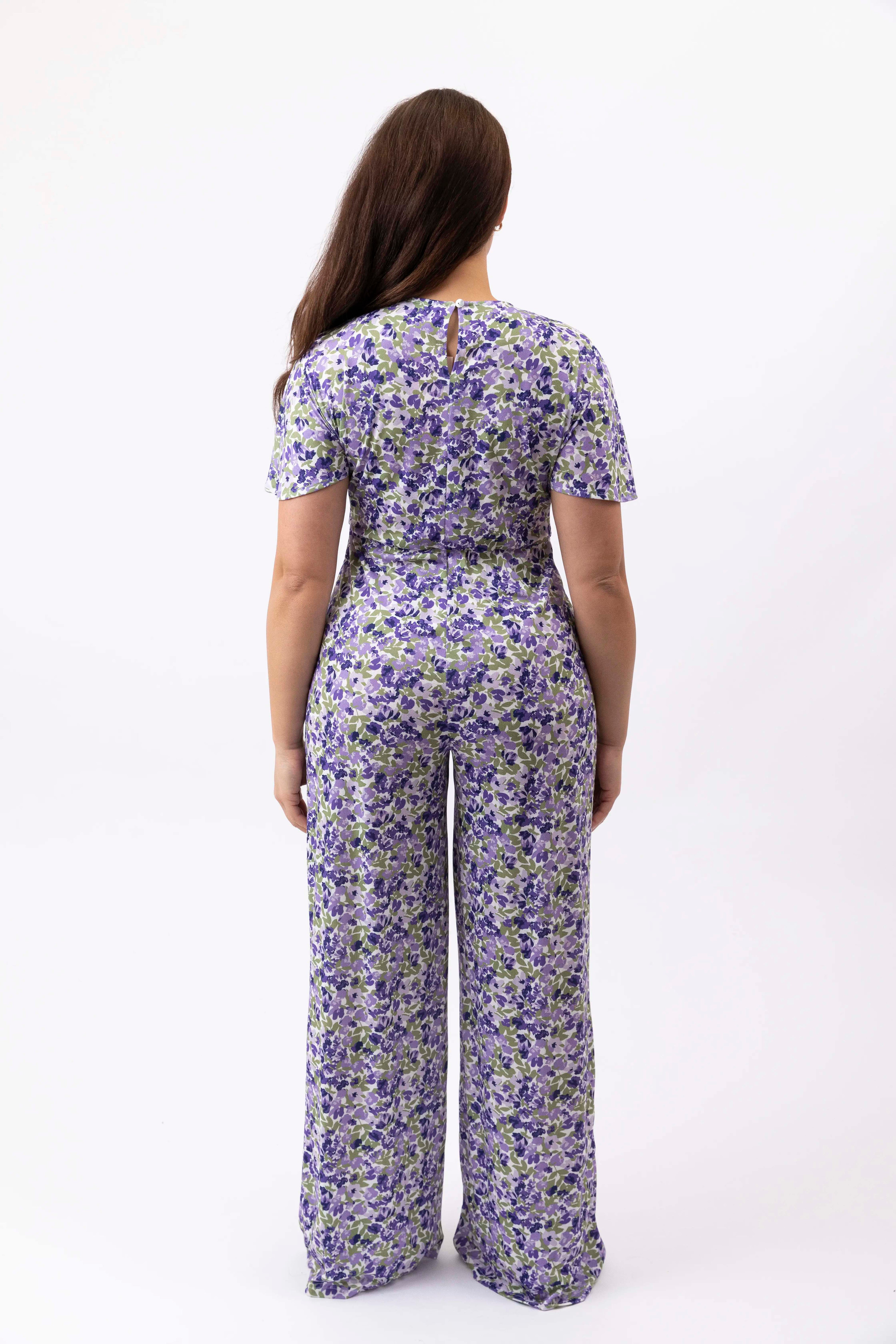 Floral Print Low Cut Neck Empire Waist Wide Extra Long Leg Jumpsuit