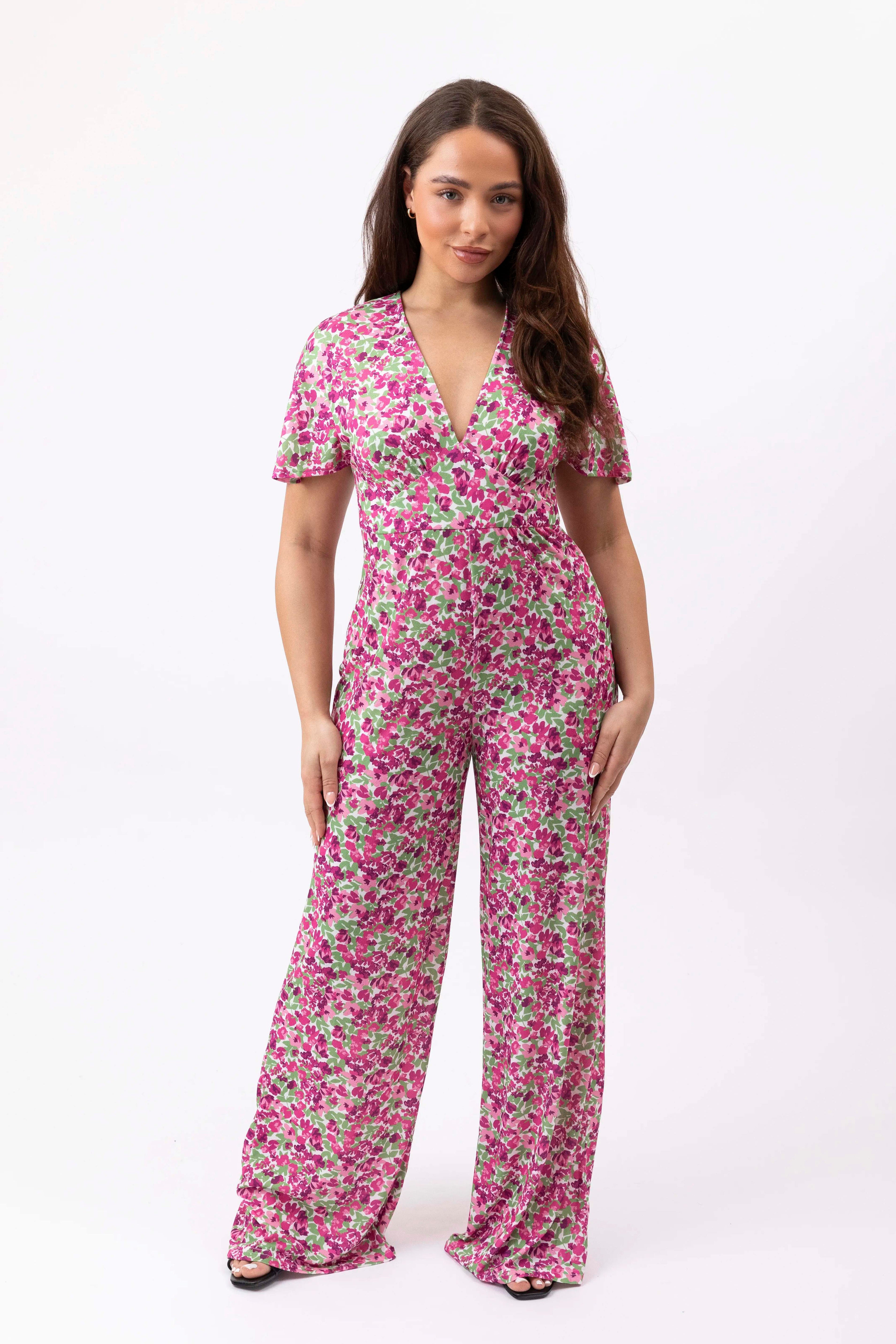 Floral Print Low Cut Neck Empire Waist Wide Extra Long Leg Jumpsuit