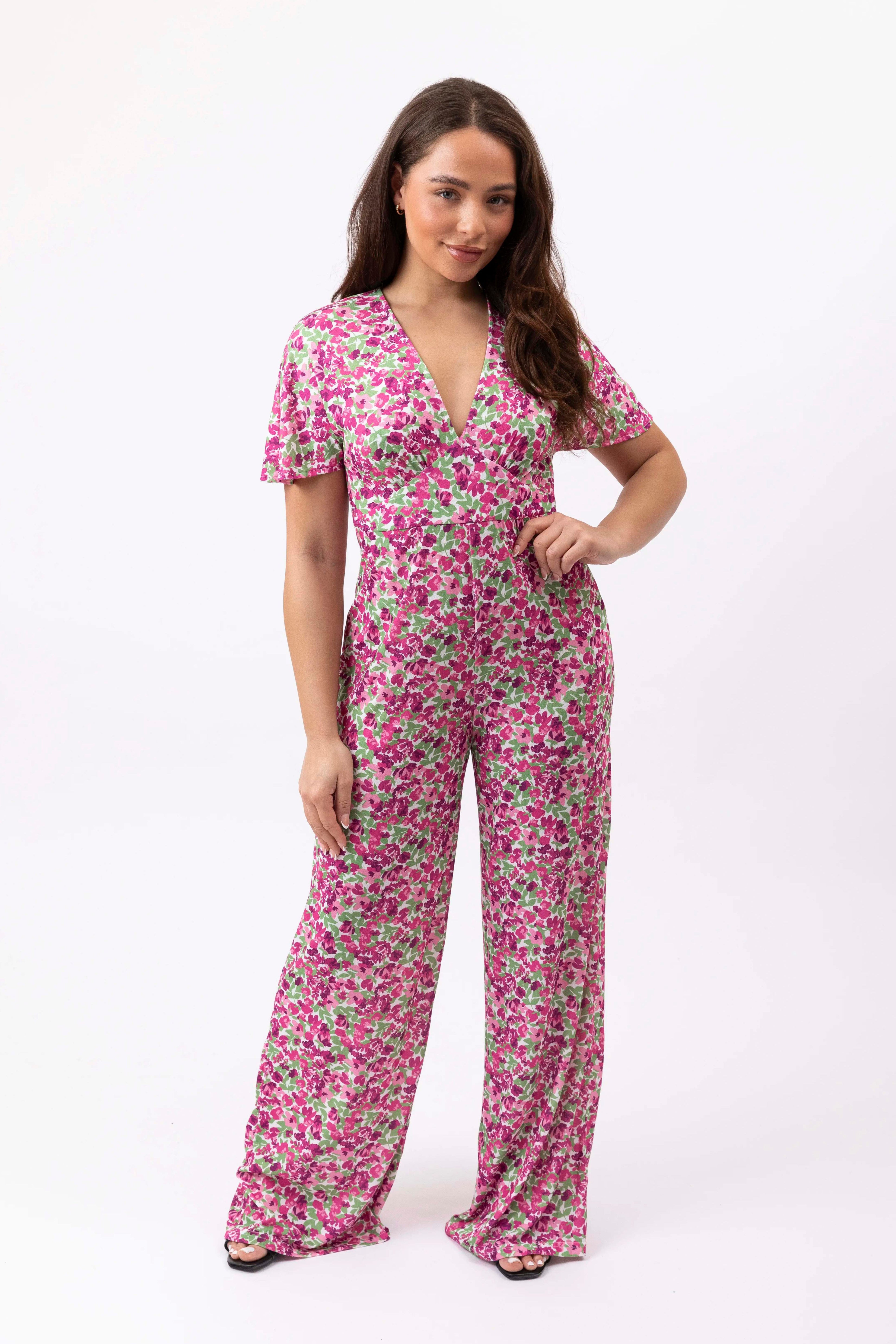 Floral Print Low Cut Neck Empire Waist Wide Extra Long Leg Jumpsuit