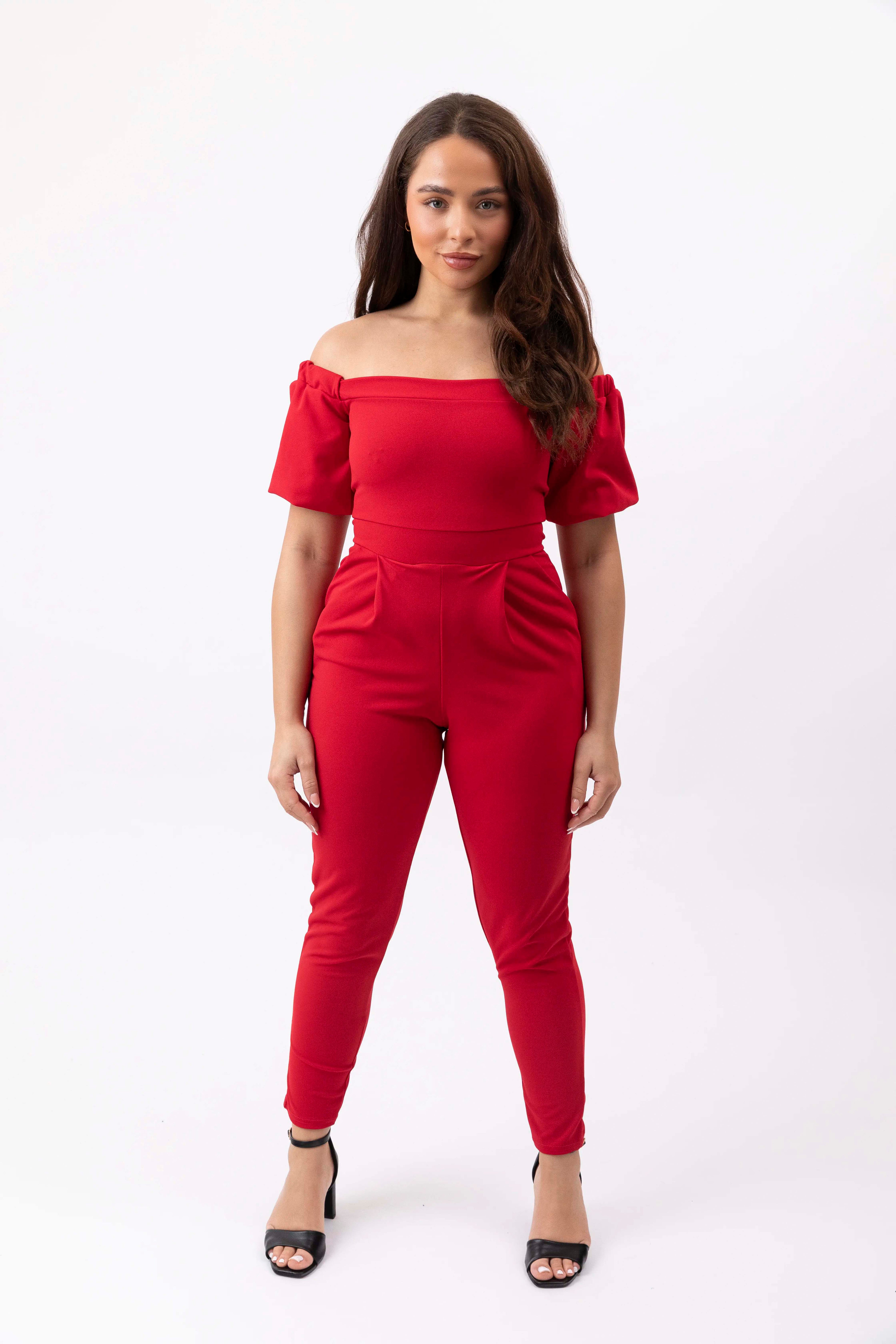 Off Shoulder Slim Leg Red Jumpsuit