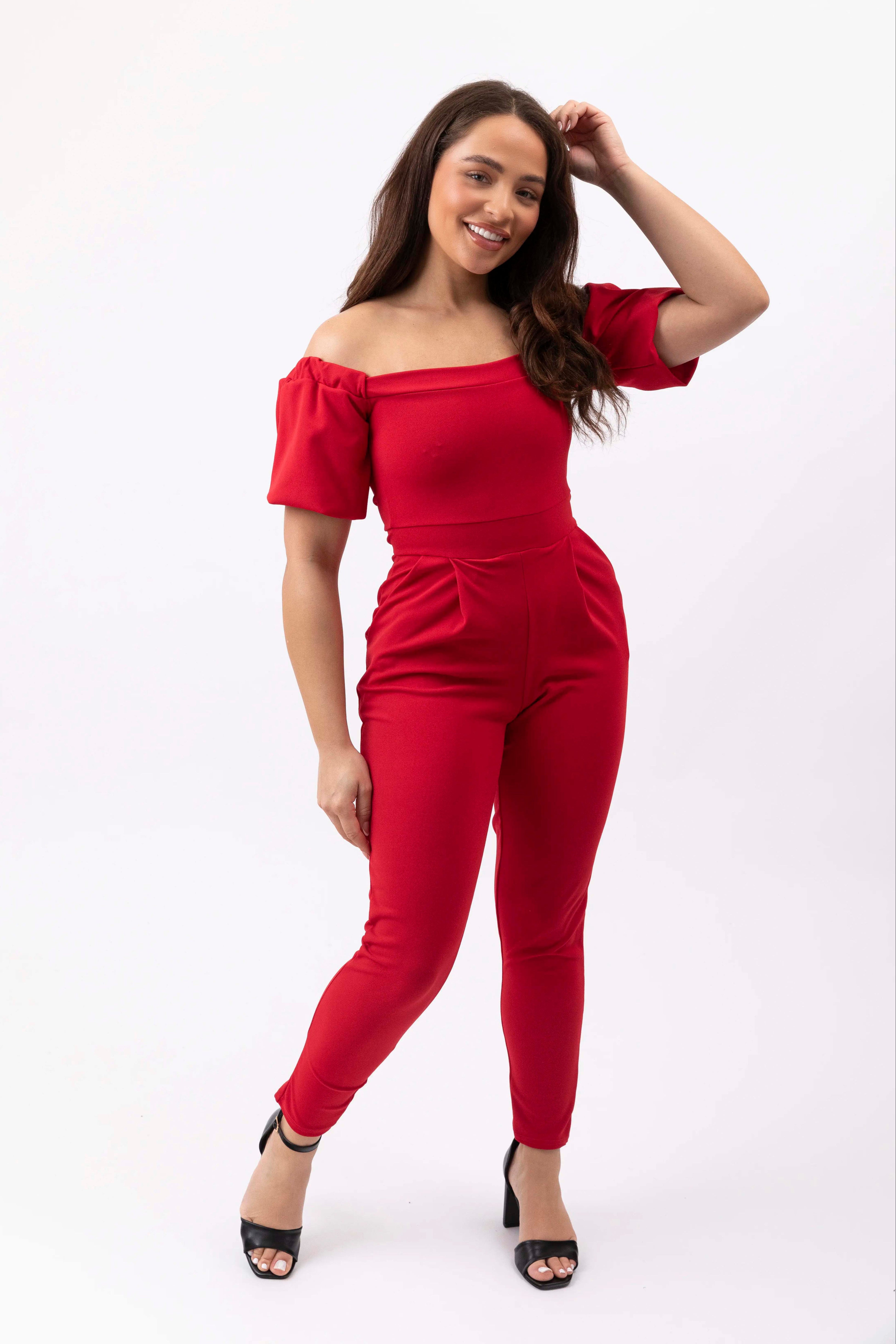 Off Shoulder Slim Leg Red Jumpsuit