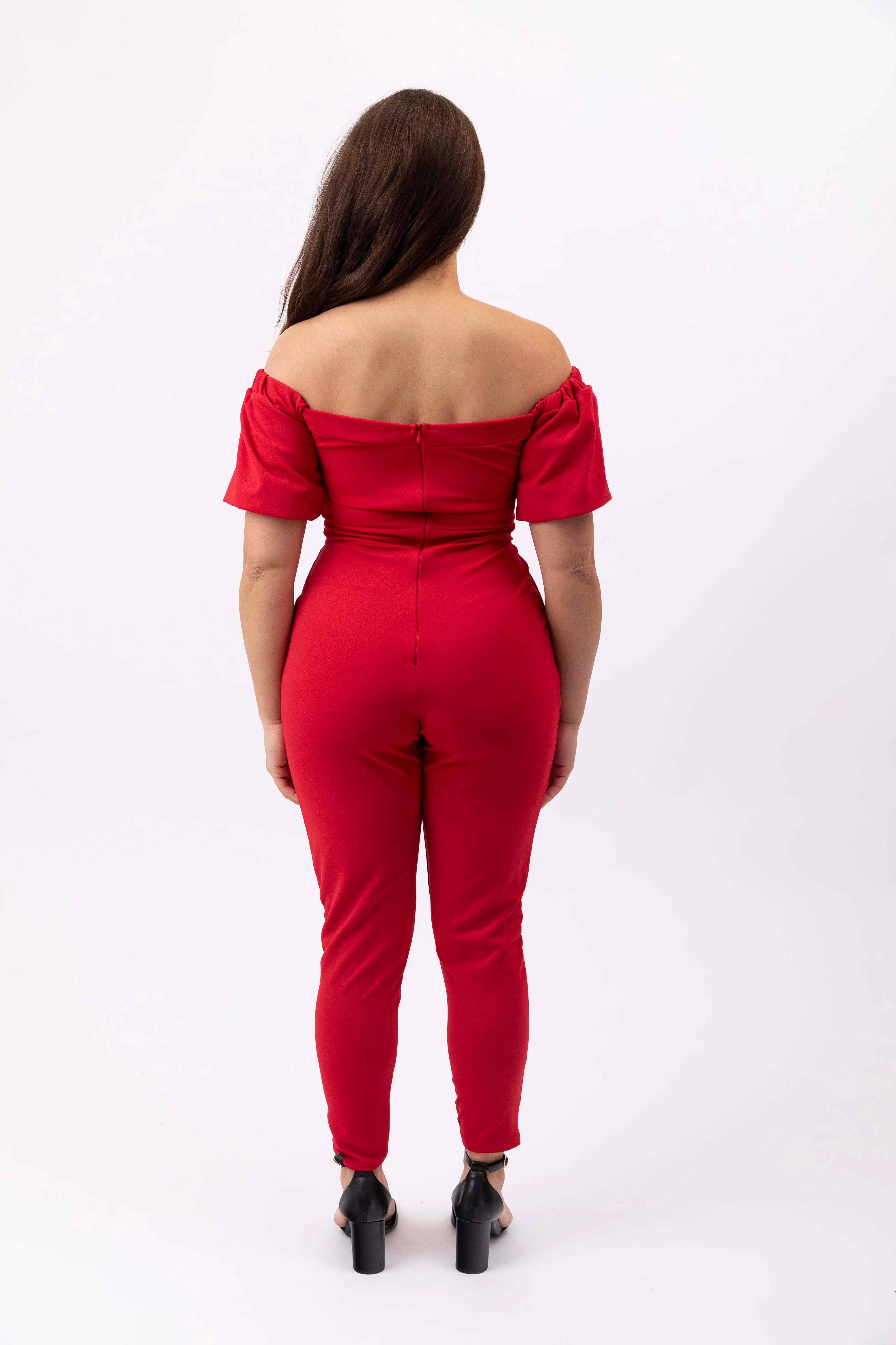 Off Shoulder Slim Leg Red Jumpsuit