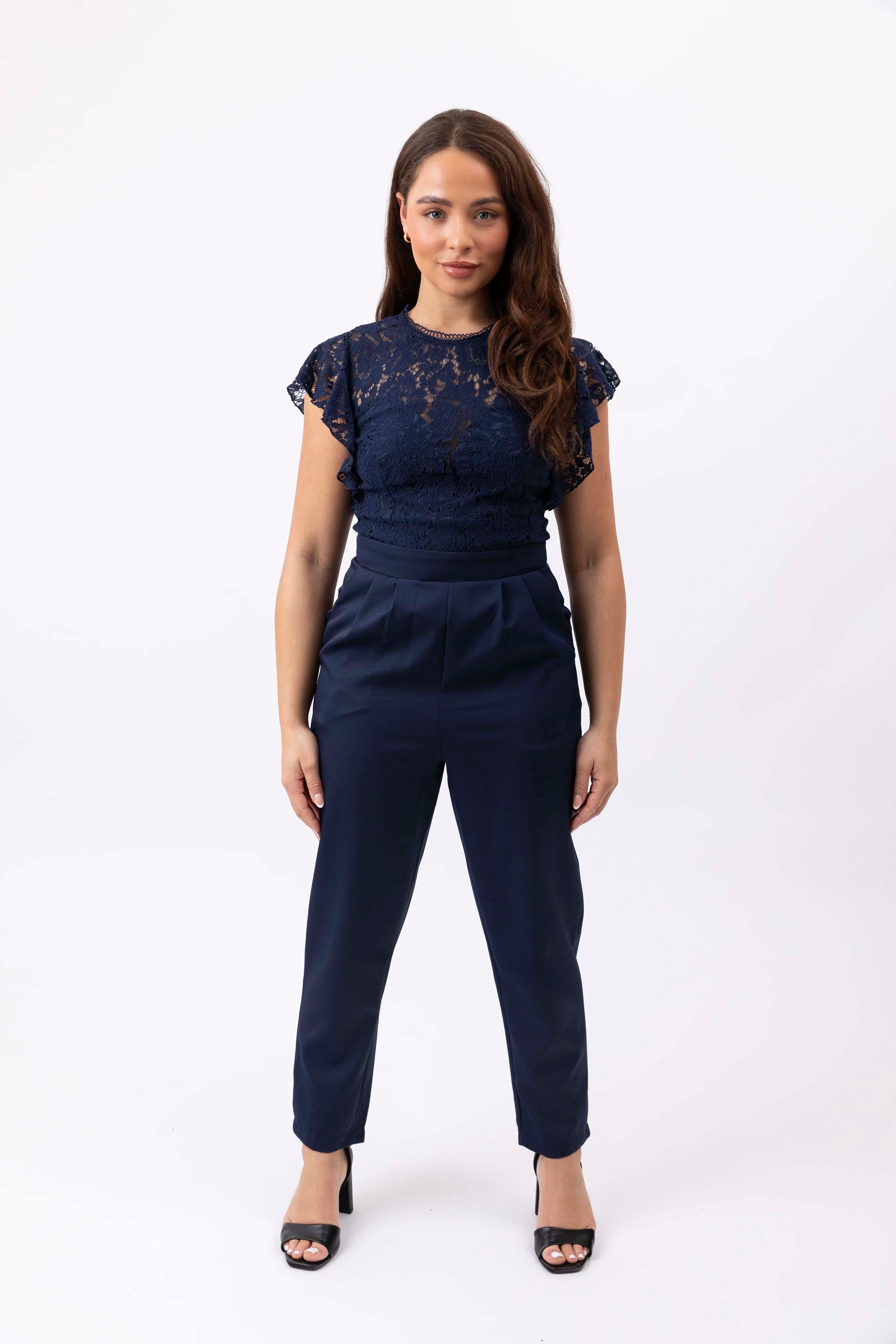 Lace Frill Short Sleeve Navy Tapered Leg Jumpsuit