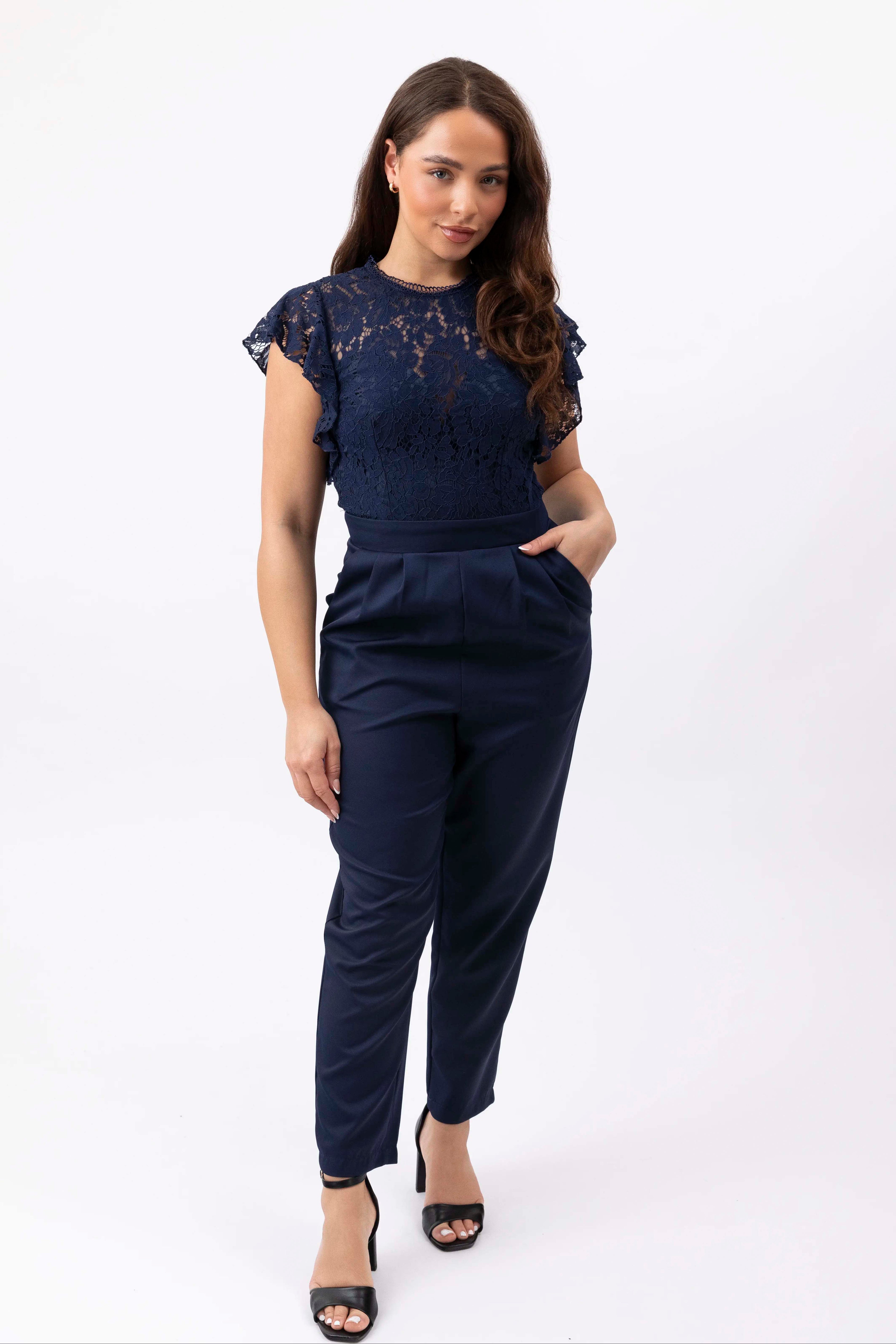 Lace Frill Short Sleeve Navy Tapered Leg Jumpsuit