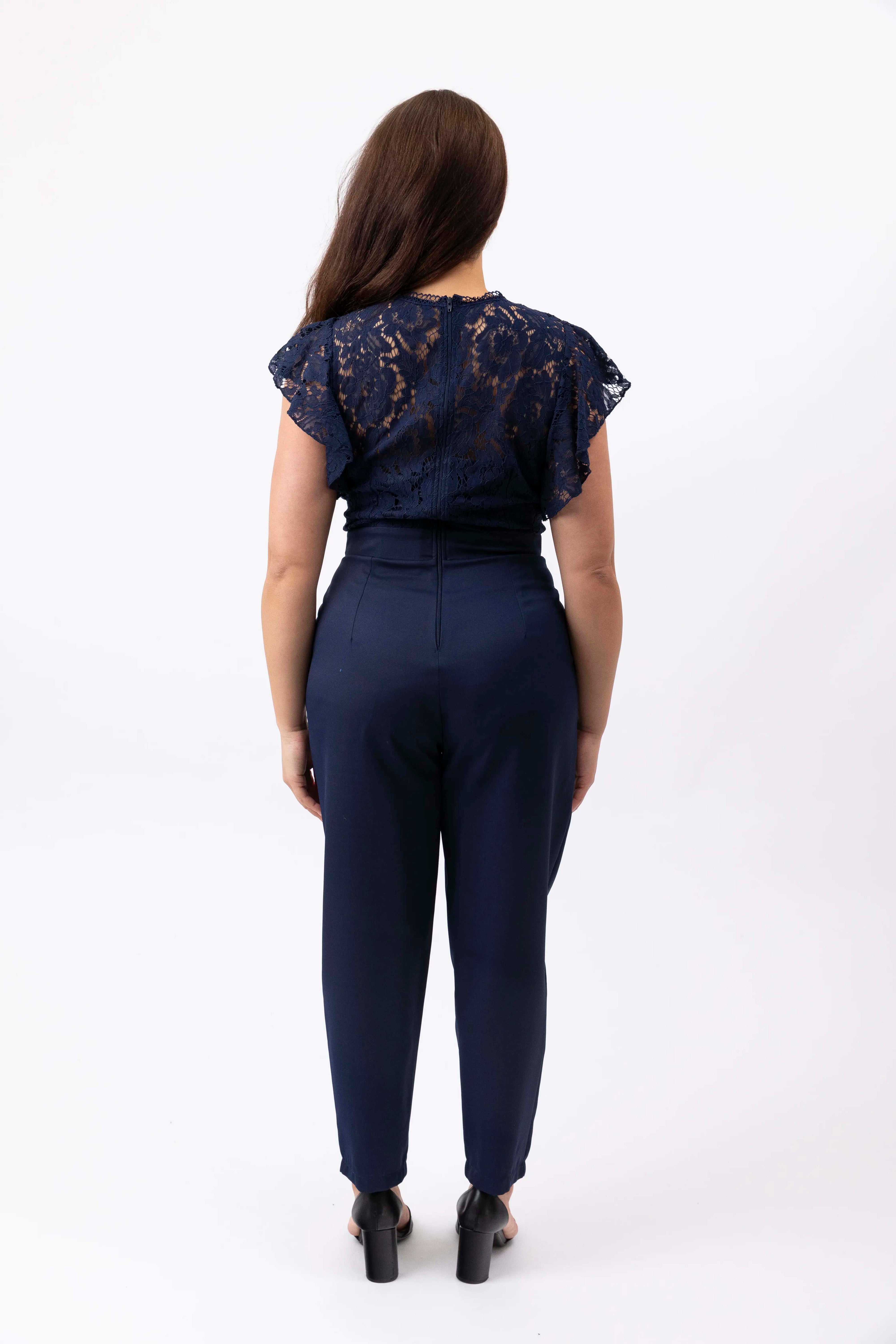 Lace Frill Short Sleeve Navy Tapered Leg Jumpsuit