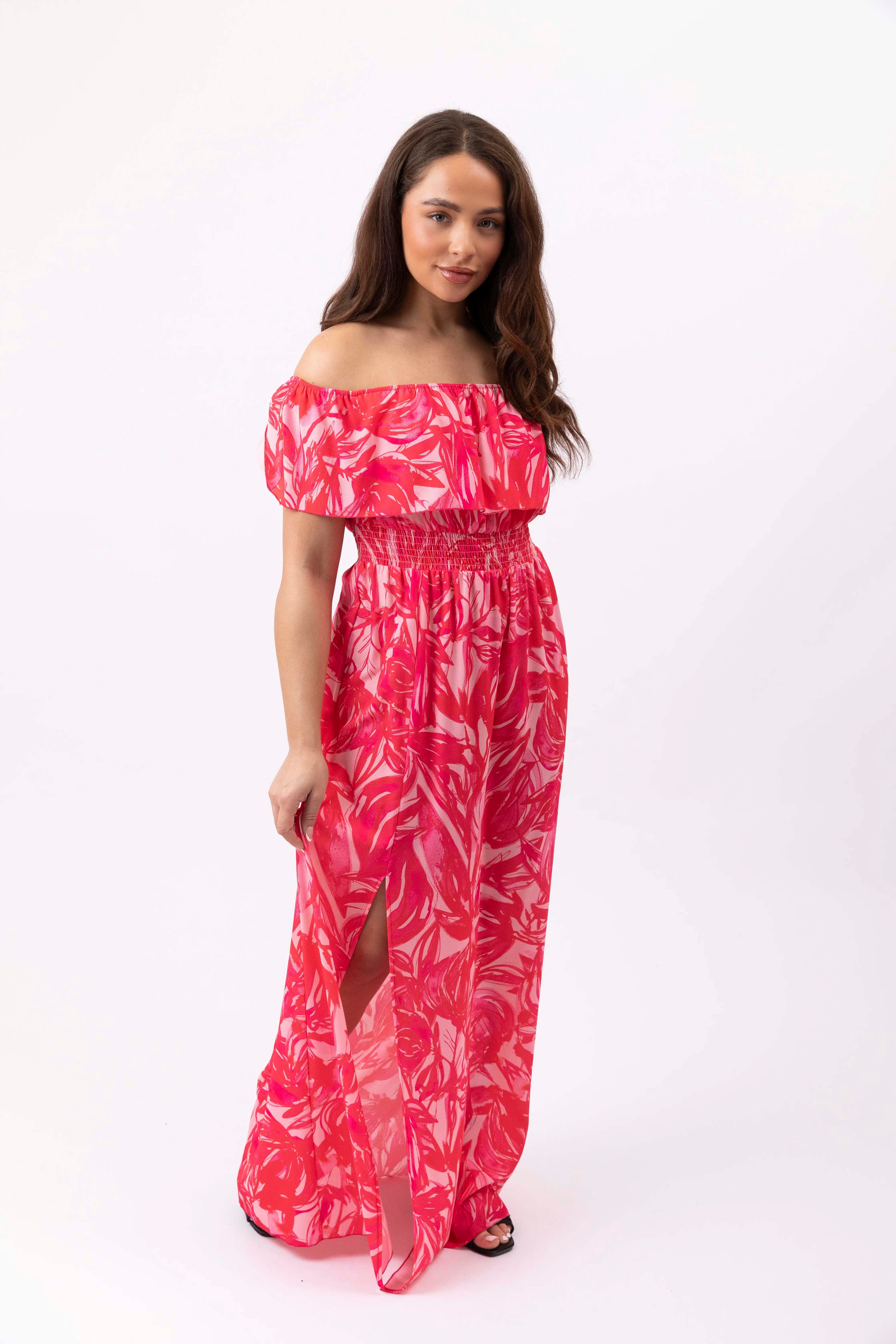 Bardot Floral Print Extra Long Slit Chiffon Dress