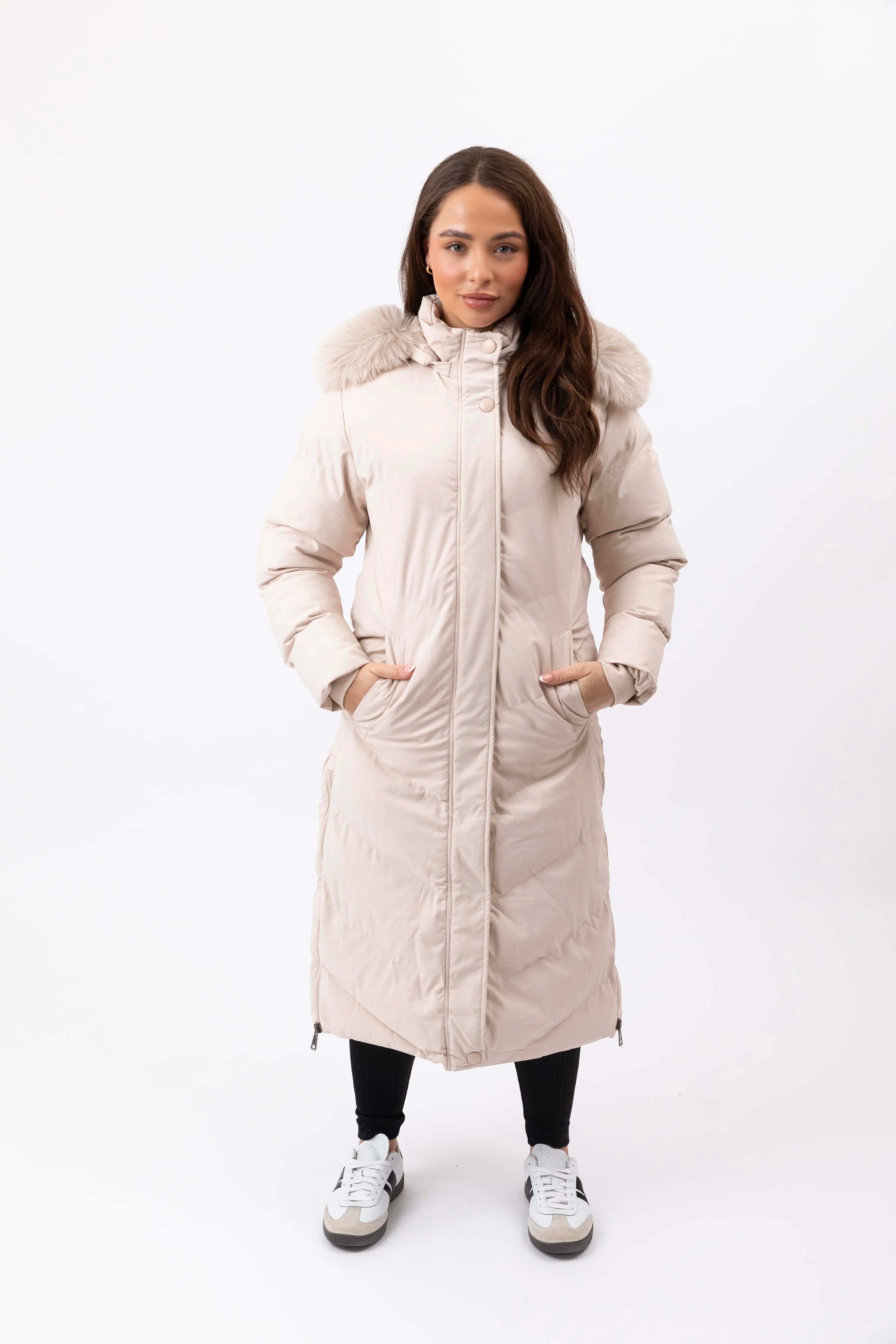 Side Zip Faux Fur Hooded Long Puffer Jacket