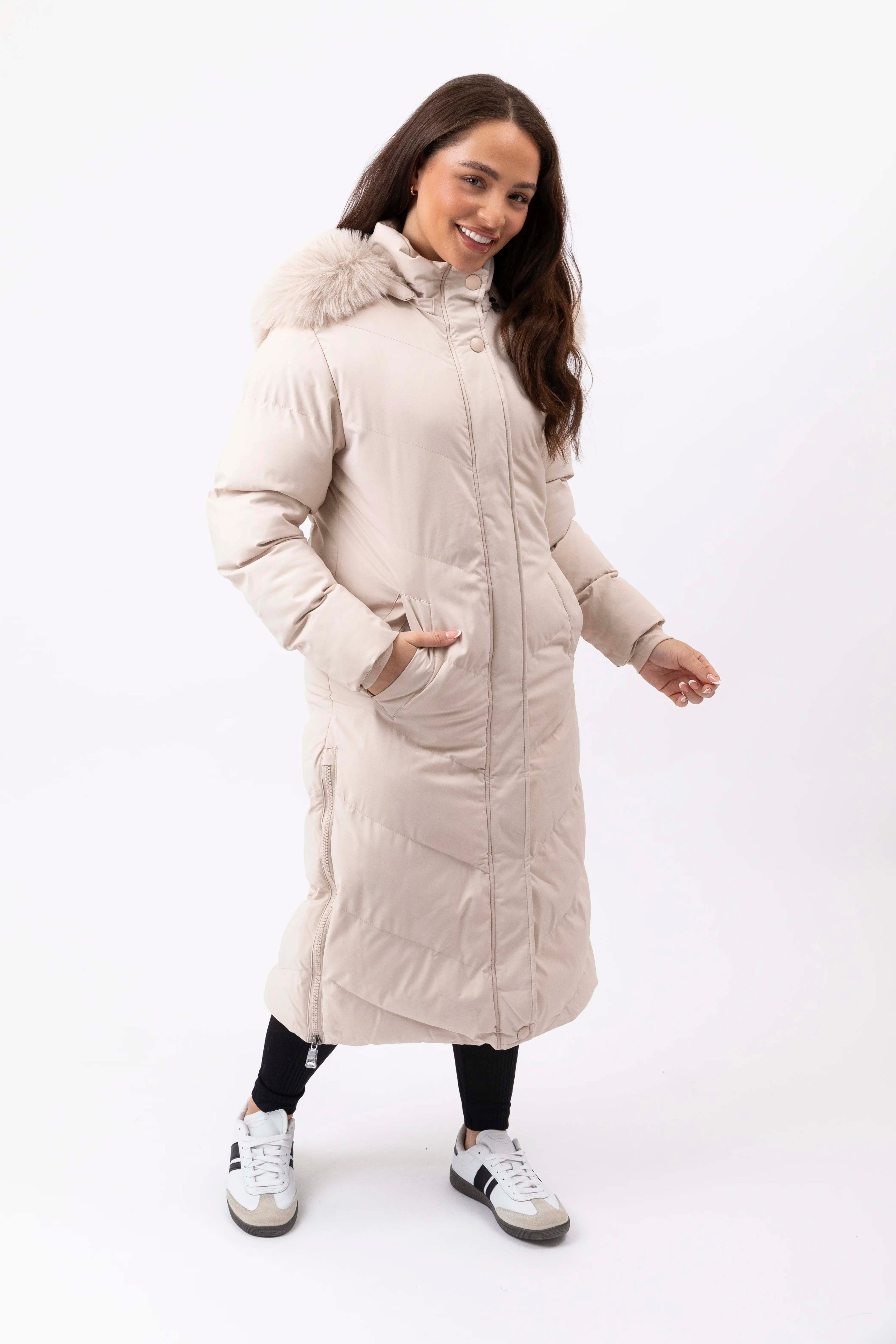 Side Zip Faux Fur Hooded Long Puffer Jacket