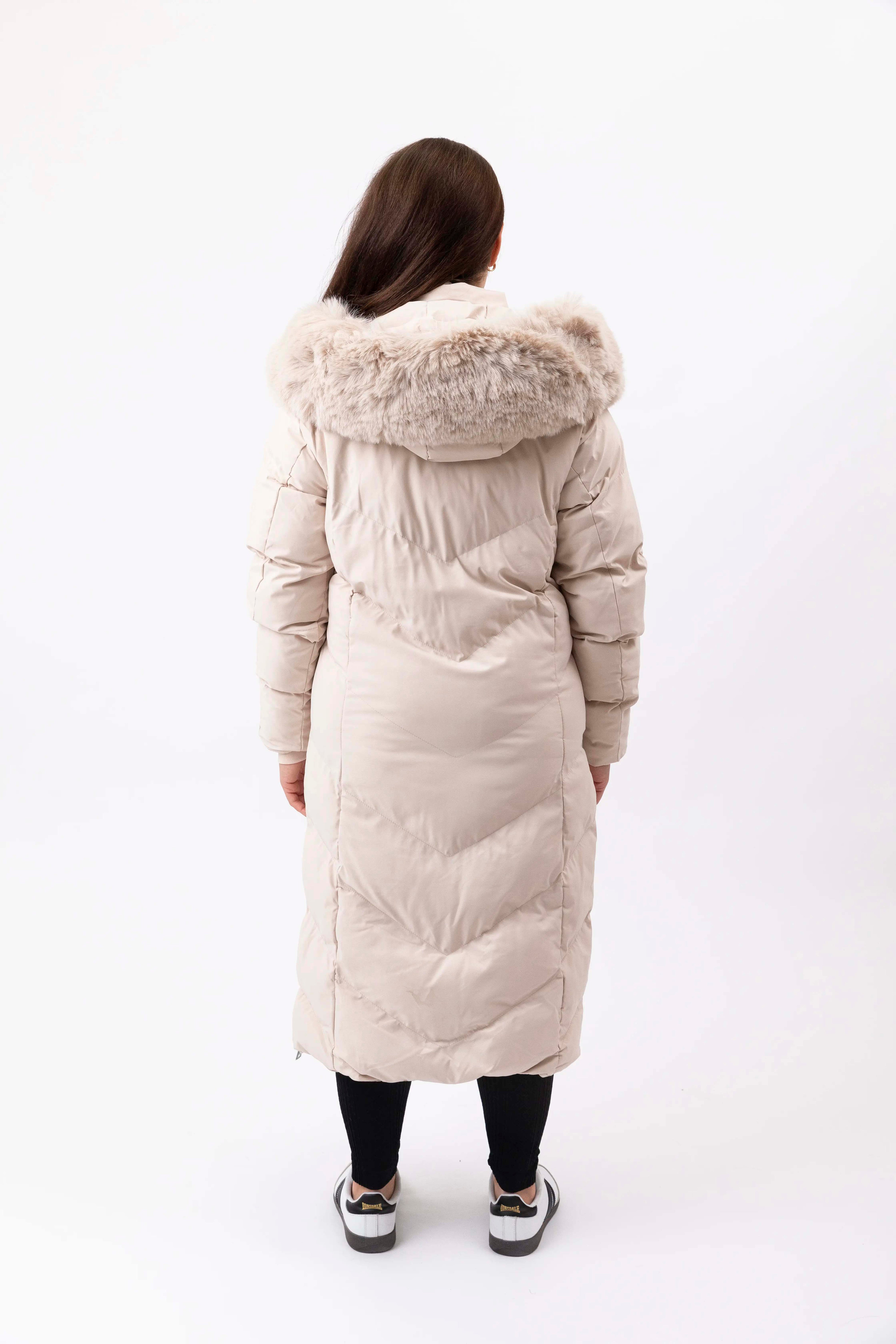 Side Zip Faux Fur Hooded Long Puffer Jacket