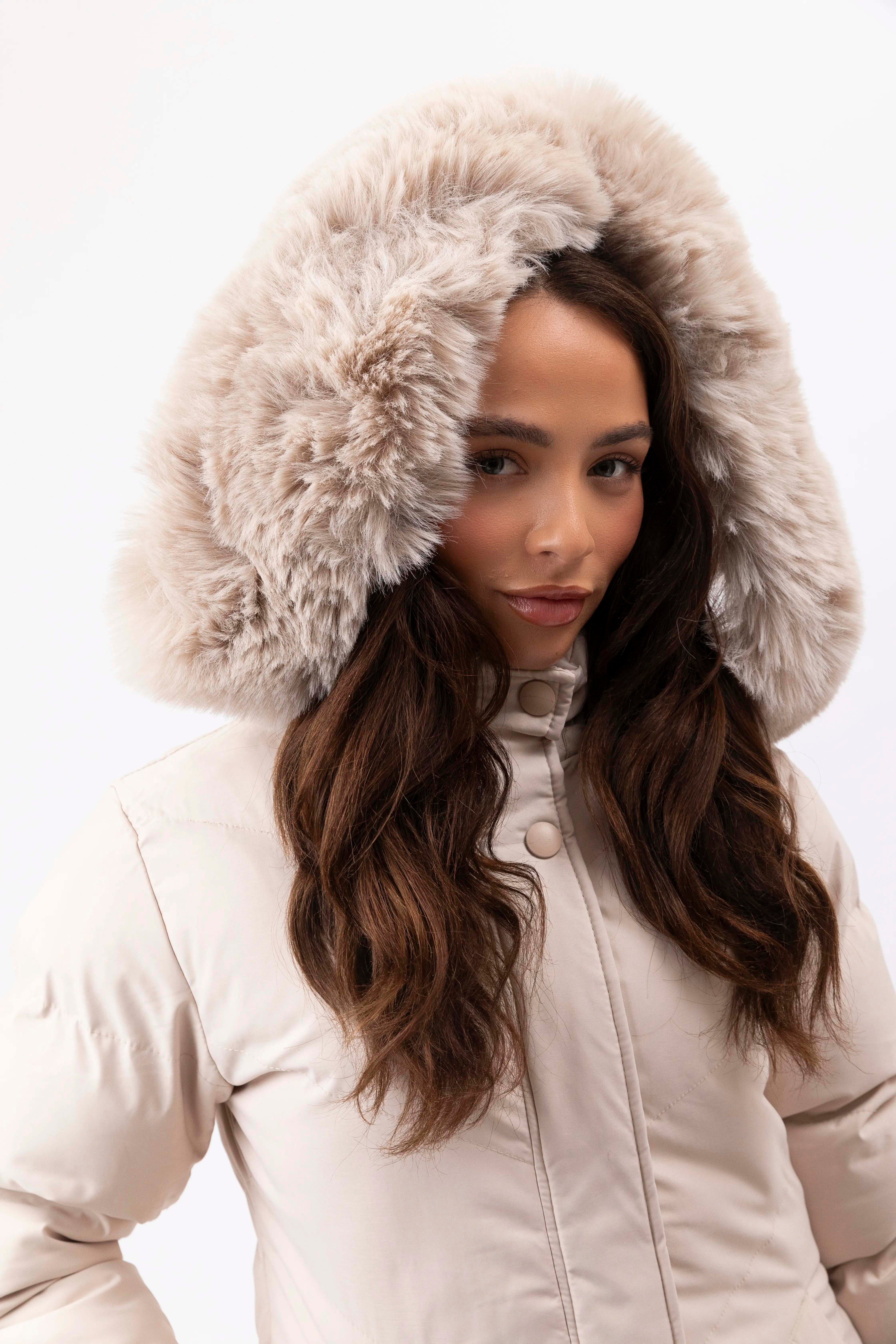 Side Zip Faux Fur Hooded Long Puffer Jacket