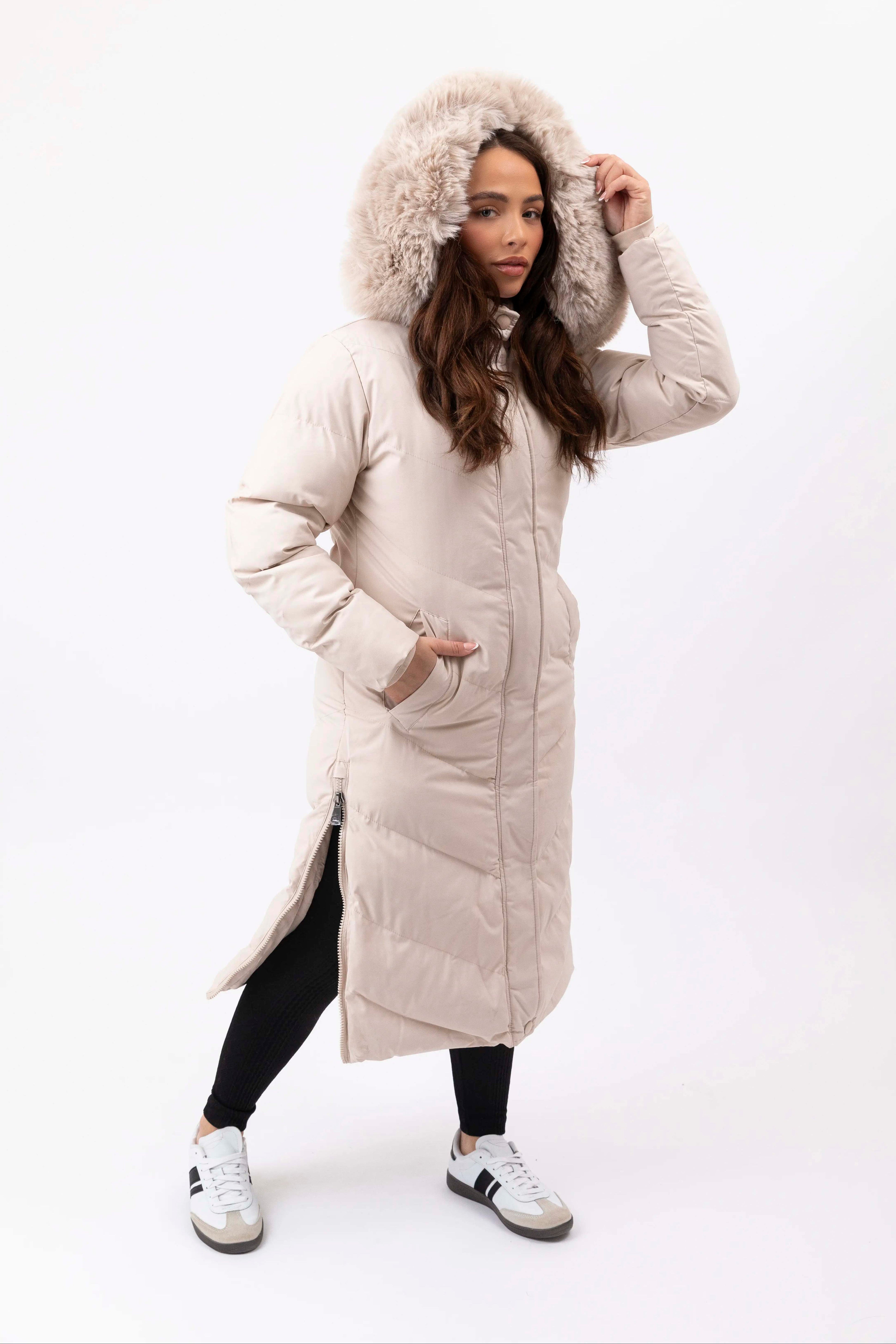 Side Zip Faux Fur Hooded Long Puffer Jacket