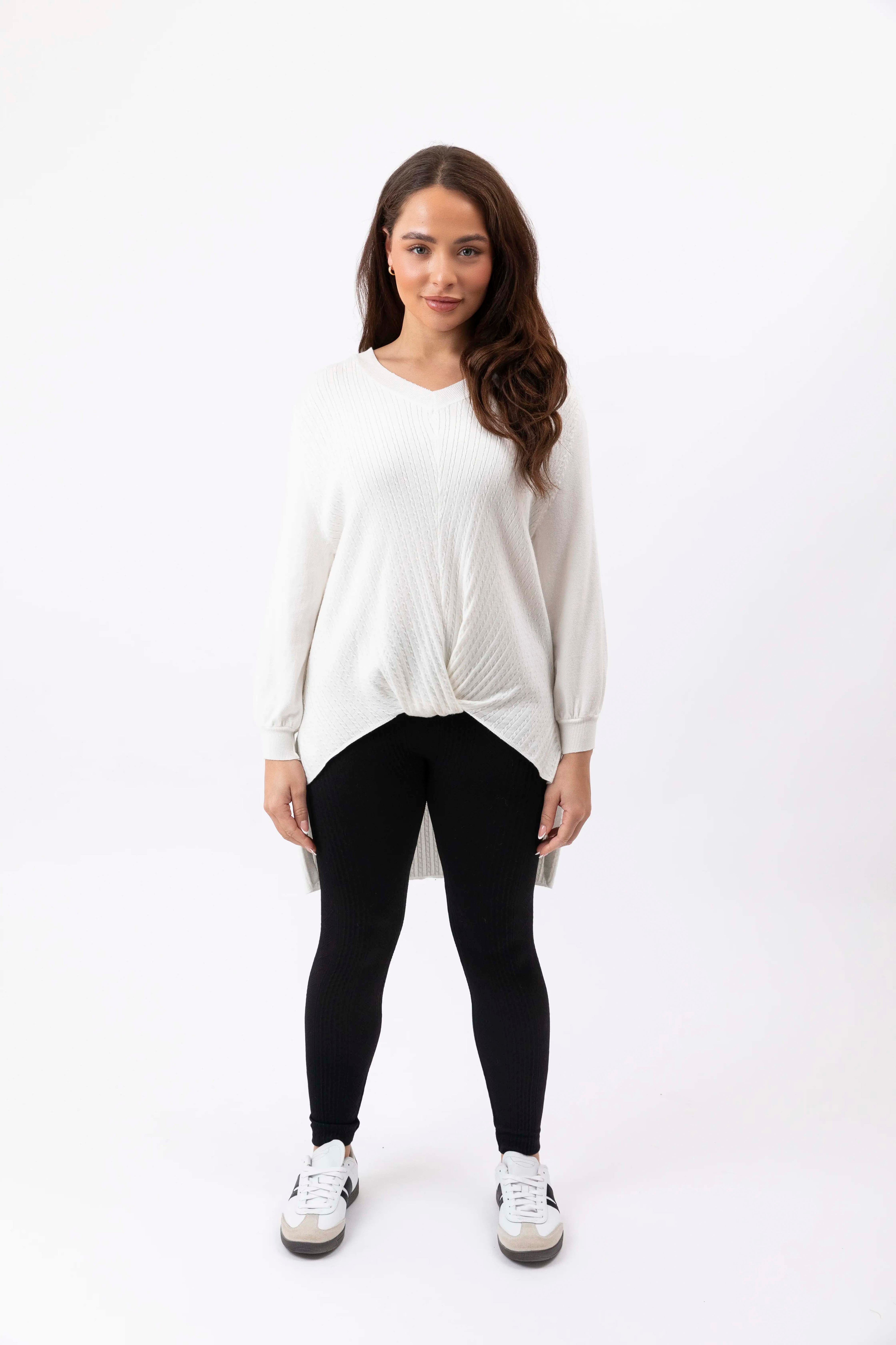 Front Twist Hi-Low Cable Knit Viscose Blend Pullover