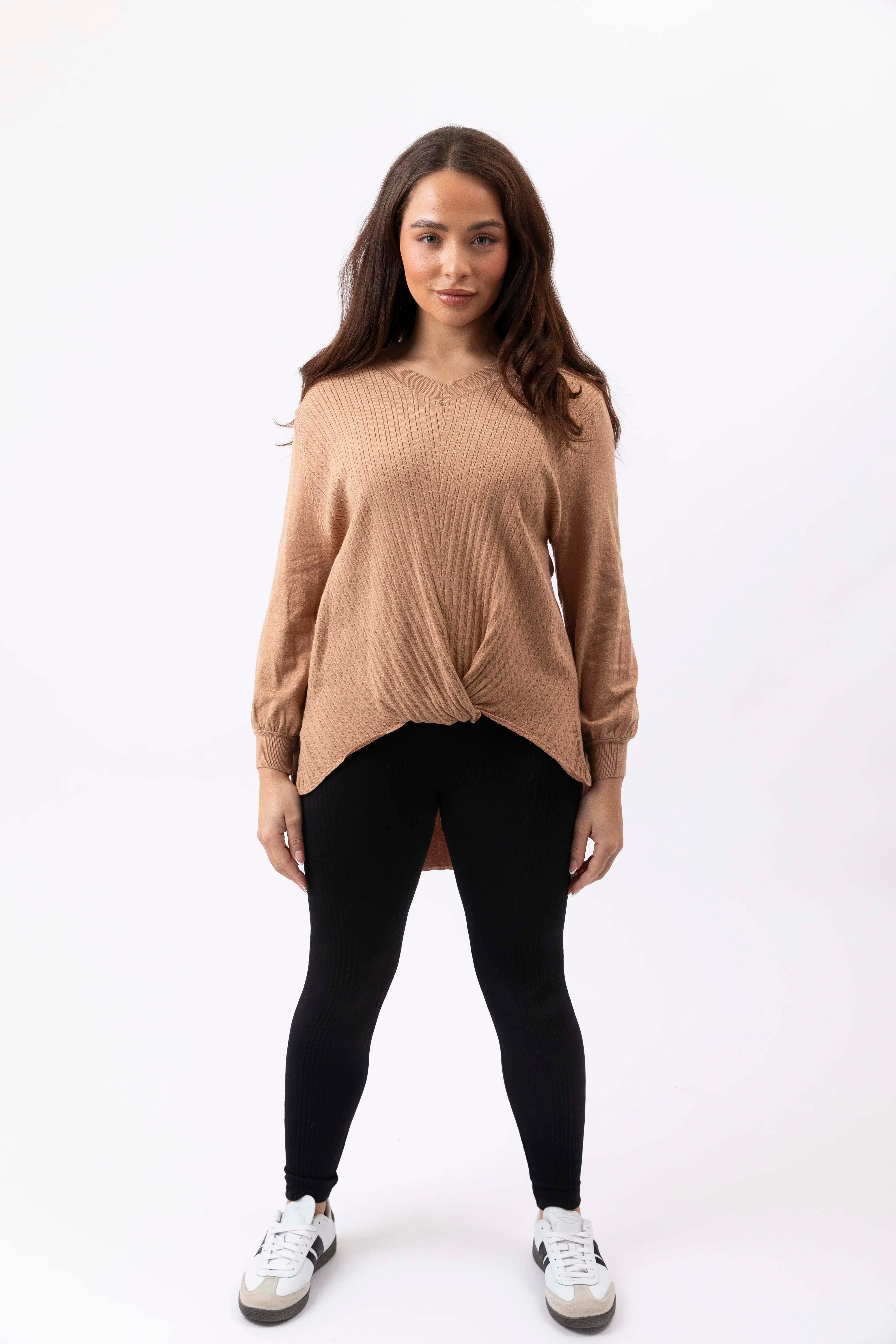 Front Twist Hi-Low Cable Knit Viscose Blend Pullover