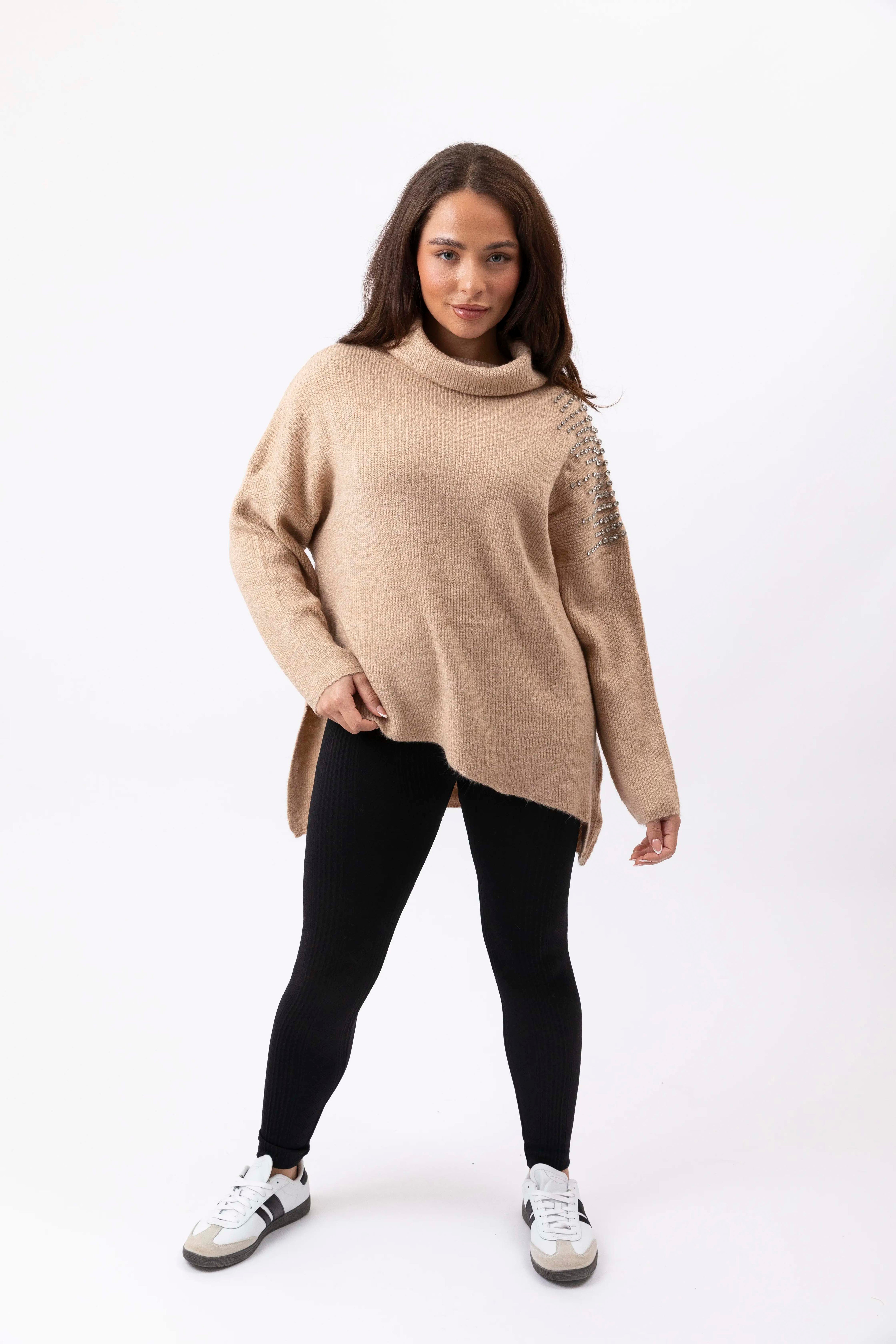 Asymmetric Crystal Embellished Turtle Neck Pullover