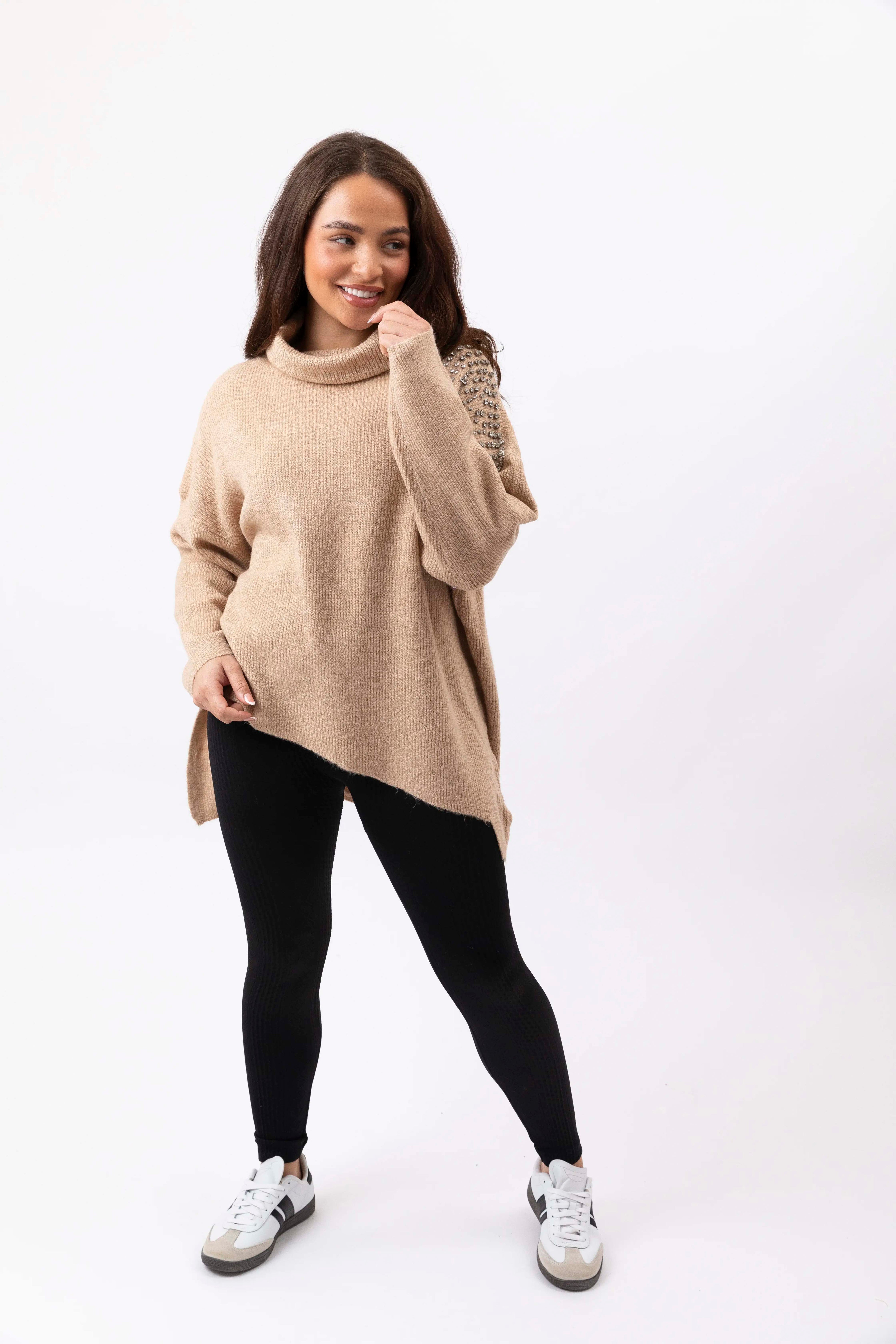 Asymmetric Crystal Embellished Turtle Neck Pullover